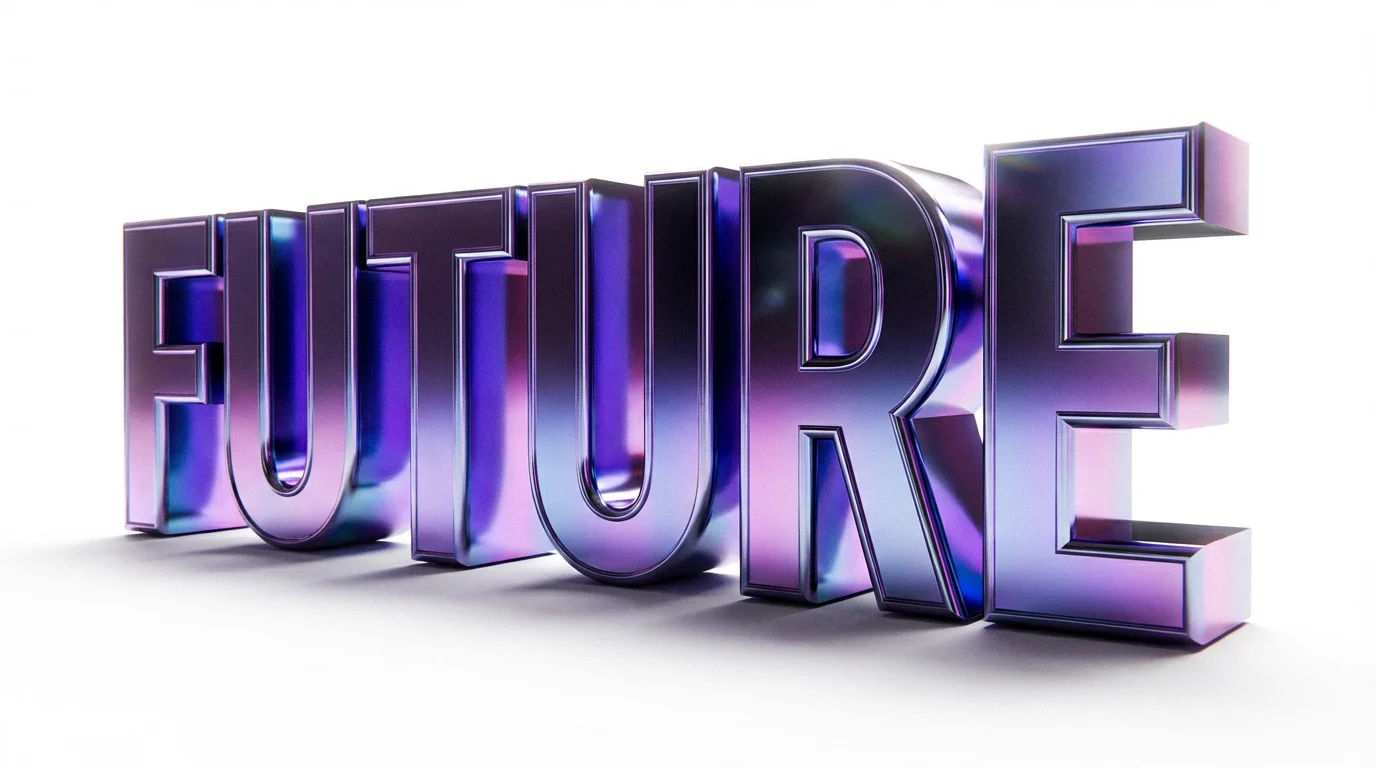 A close-up 3D rendering of the word 'FUTURE' in a shiny, iridescent chrome finish, set against a stark white background to highlight the text's depth and vibrant colors.