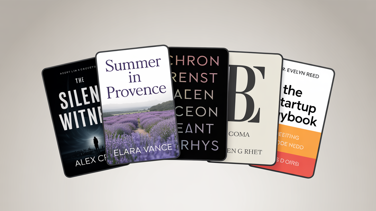 A collection of four professionally designed Kindle e-book covers for thriller, romance, sci-fi, and business genres, showcasing the final output of a cover design tool.