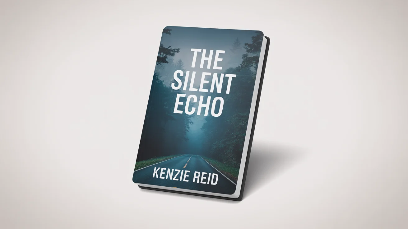 A 3D mockup of a Kindle e-book cover for a thriller novel titled 'The Silent Echo' by Kenzie Reid. The cover shows a dark, foggy road leading into a forest.