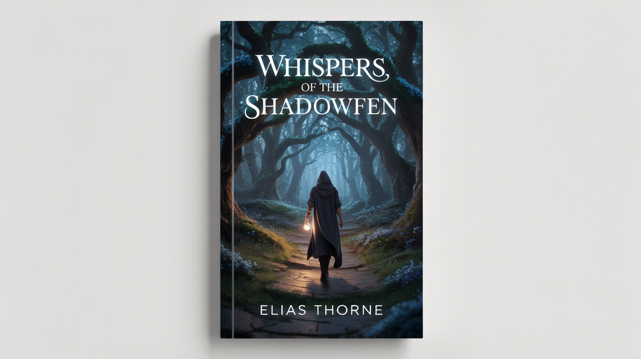 A mockup of a fantasy Kindle e-book cover titled 'Whispers of the Shadowfen' by 'Elias Thorne', featuring a cloaked figure entering a magical, glowing forest at dusk.