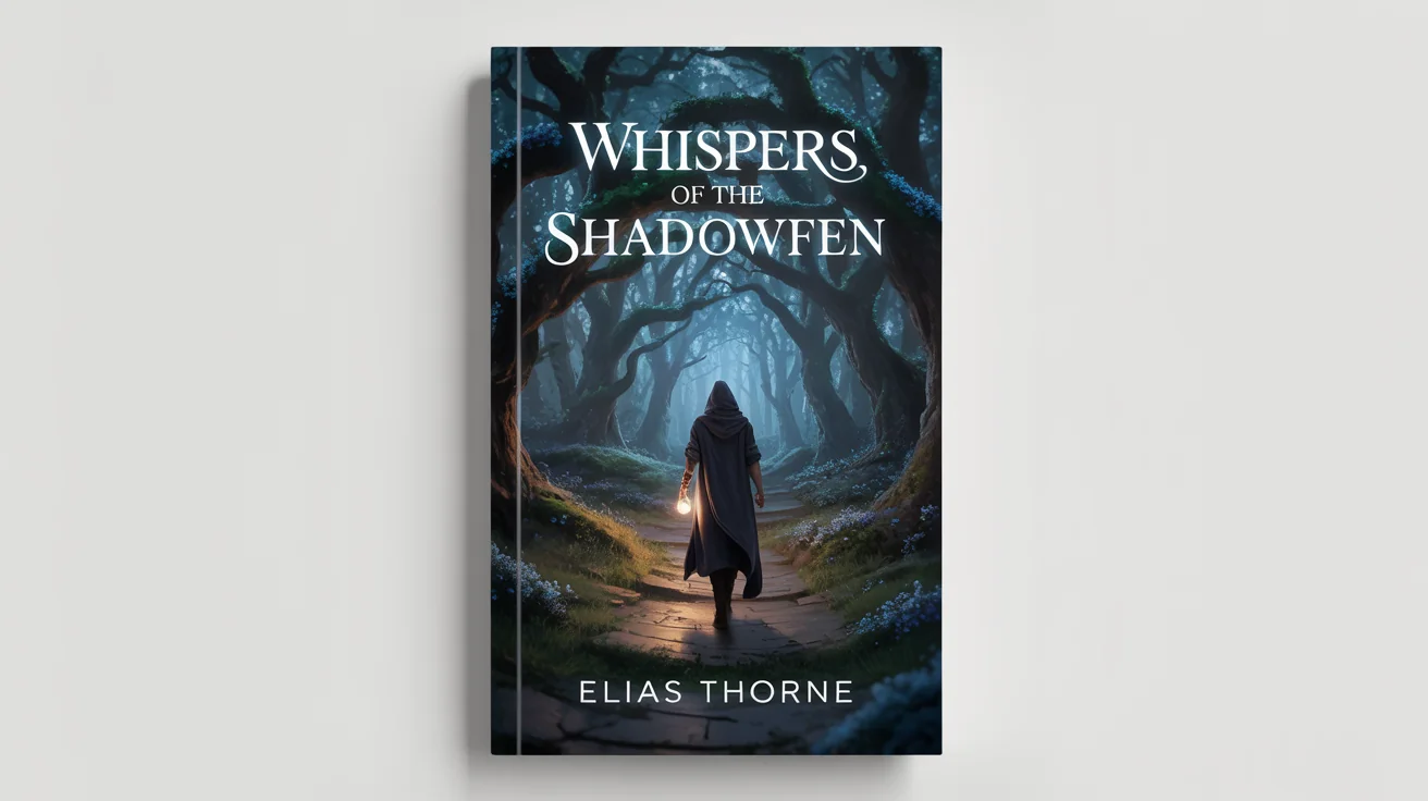 A mockup of a fantasy Kindle e-book cover titled 'Whispers of the Shadowfen' by 'Elias Thorne', featuring a cloaked figure entering a magical, glowing forest at dusk.