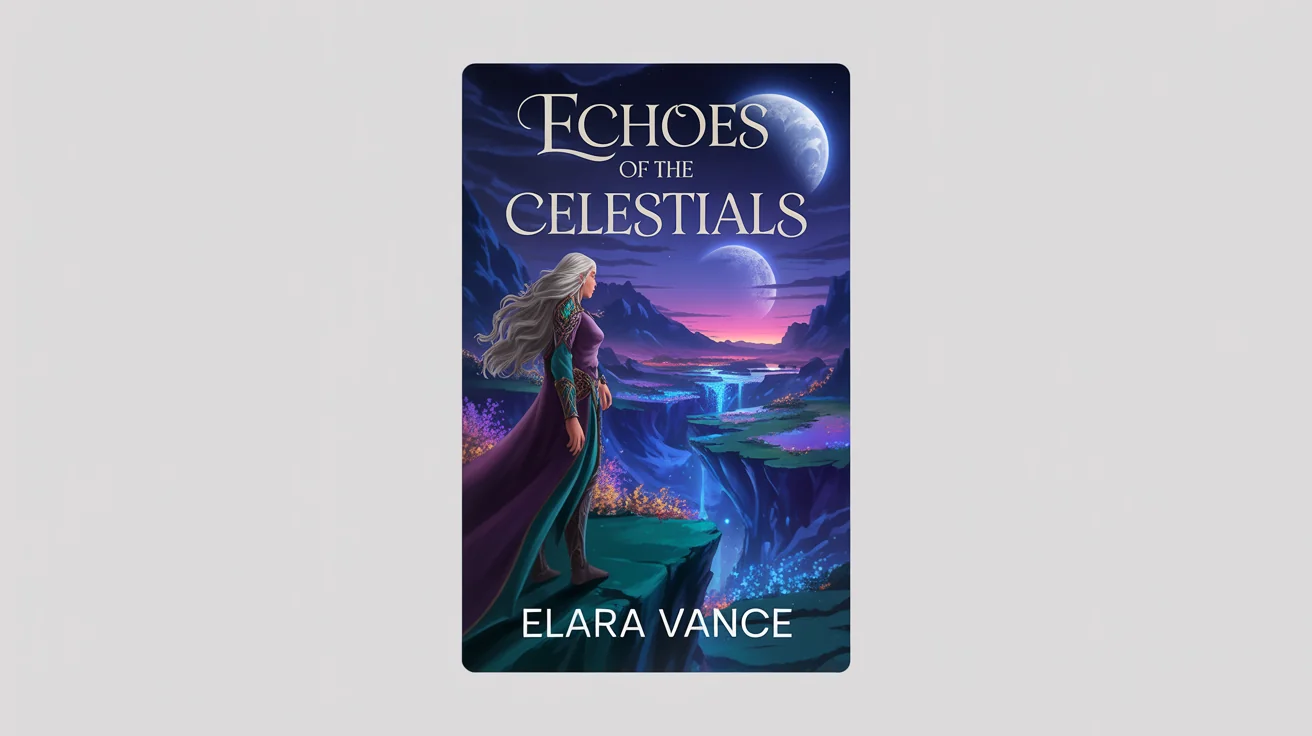 A mockup of a fantasy e-book cover titled 'Echoes of the Celestials' by Elara Vance, displayed against a white background. The cover art shows a sorceress overlooking a mystical landscape at twilight.