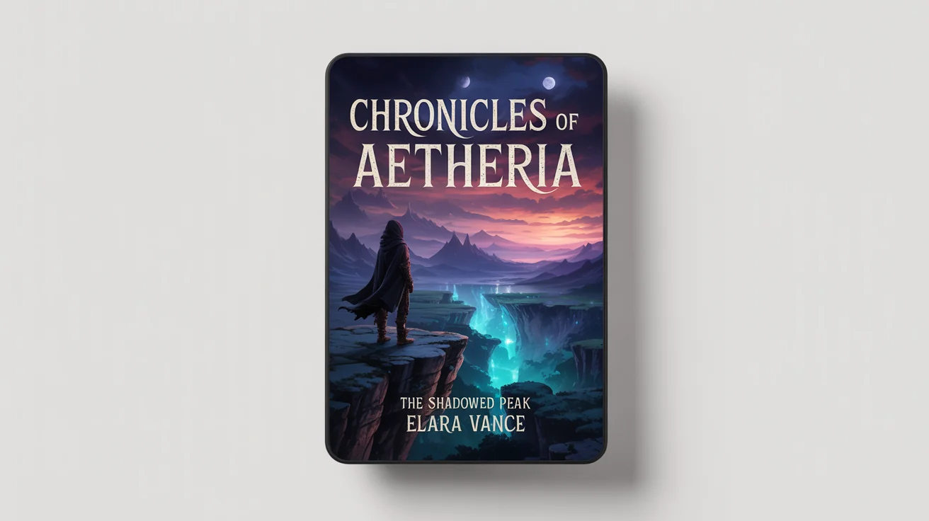 Mockup of a fantasy e-book cover titled 'Chronicles of Aetheria' by 'Elara Vance', showing a cloaked figure overlooking a magical valley with floating islands, set against a white background.