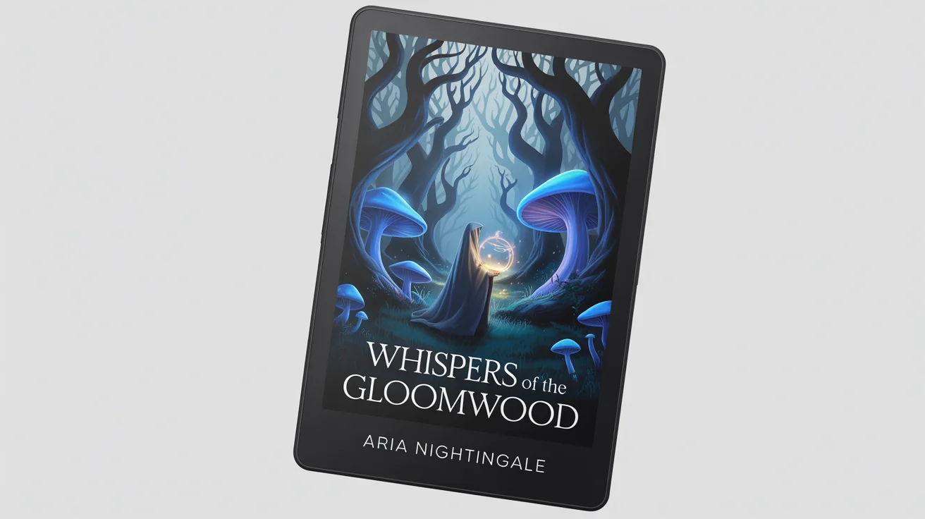 A professional mockup of a Kindle e-book cover for a fantasy novel titled 'Whispers of the Gloomwood' by Aria Nightingale, displayed against a clean white background.