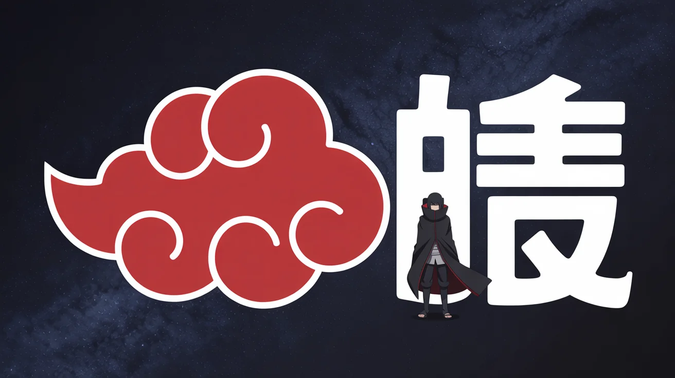 A professionally designed Akatsuki Twitter banner with a dark starry night background, featuring the red Akatsuki cloud on the left and the Japanese kanji for 'Akatsuki' in white on the right with a member silhouette below.