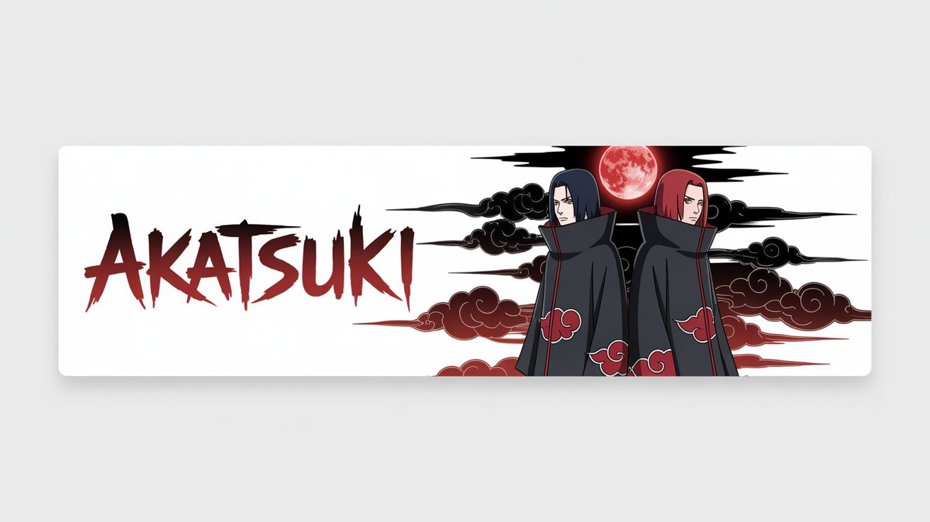 A mockup of a dramatic Akatsuki Twitter banner on a white background. The banner shows Itachi and Pain against a stormy sky with a red moon, with the word 'AKATSUKI' in stylized red text.