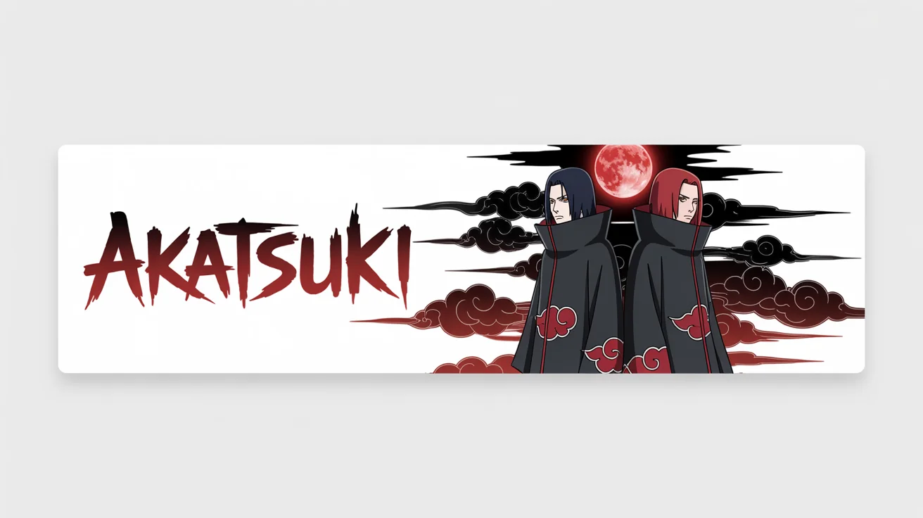 A mockup of a dramatic Akatsuki Twitter banner on a white background. The banner shows Itachi and Pain against a stormy sky with a red moon, with the word 'AKATSUKI' in stylized red text.