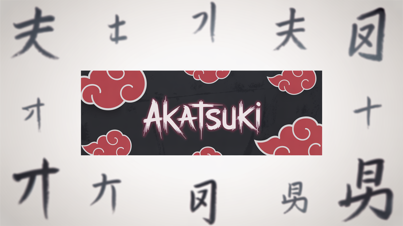 A mockup of a dark-themed Akatsuki Twitter banner against a white background, featuring the iconic red clouds and the word 'AKATSUKI' in a stylized font.