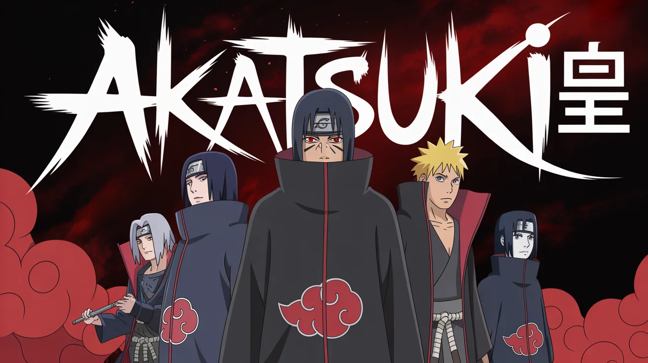 A mockup of an anime-style Twitter banner featuring characters from the Akatsuki organization from Naruto, set against a dark red and black background with their name 'Akatsuki' on it.