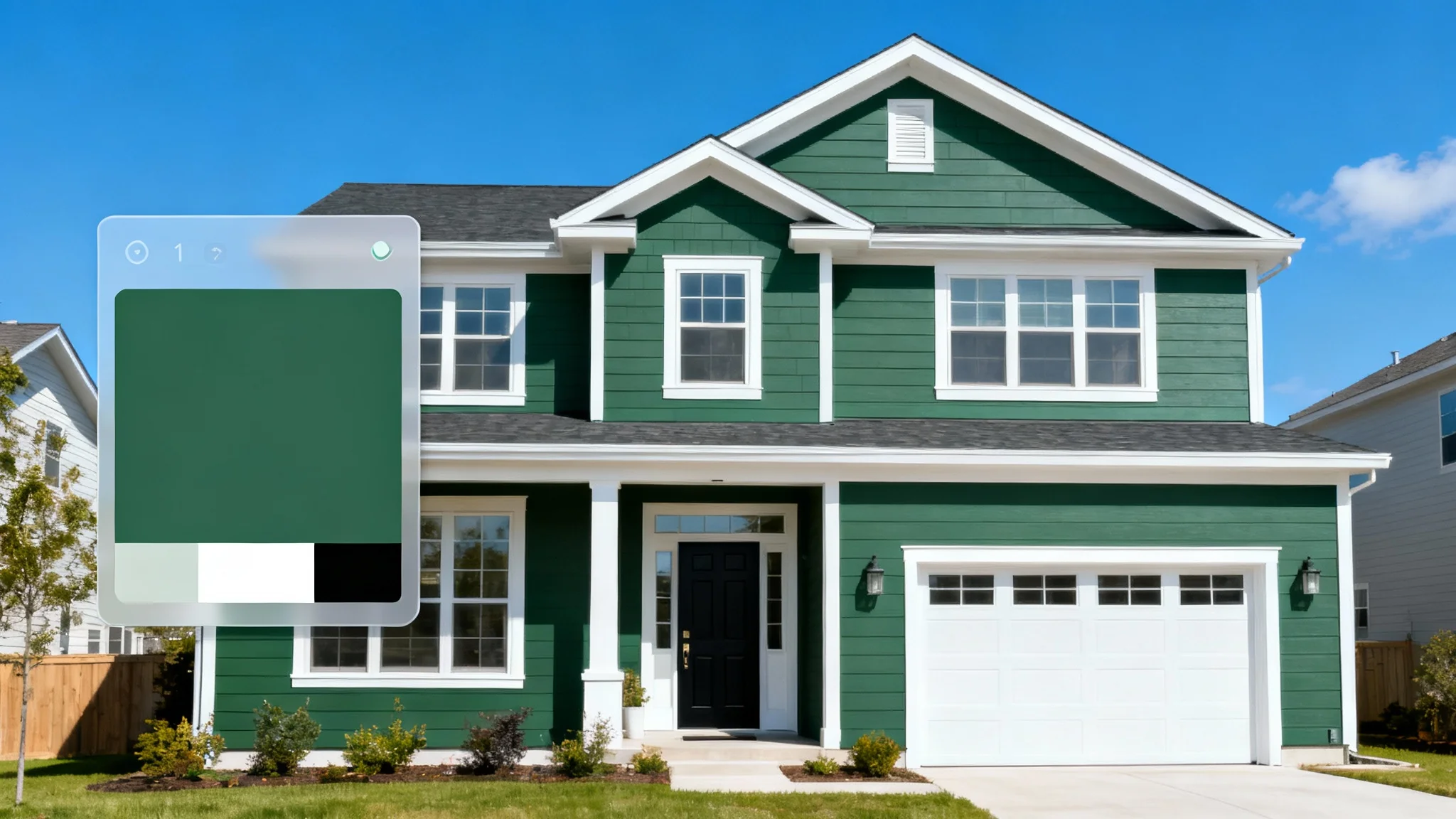 A beautiful modern house freshly painted in sage green with white trim, representing the final result of an exterior paint visualization tool.
