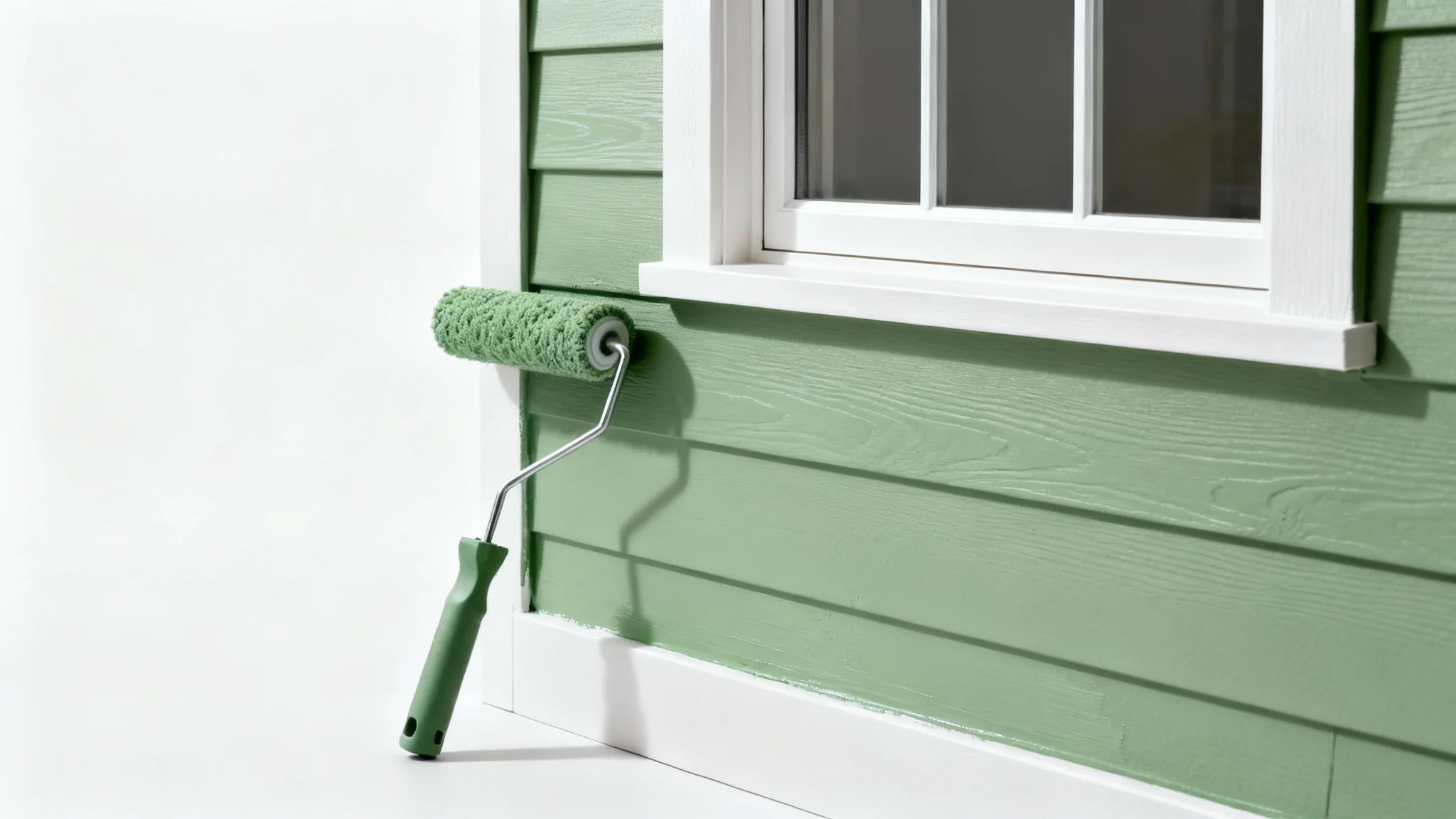 A close-up mockup of a freshly painted house exterior, showing perfect sage green siding and crisp white window trim against a clean white background.