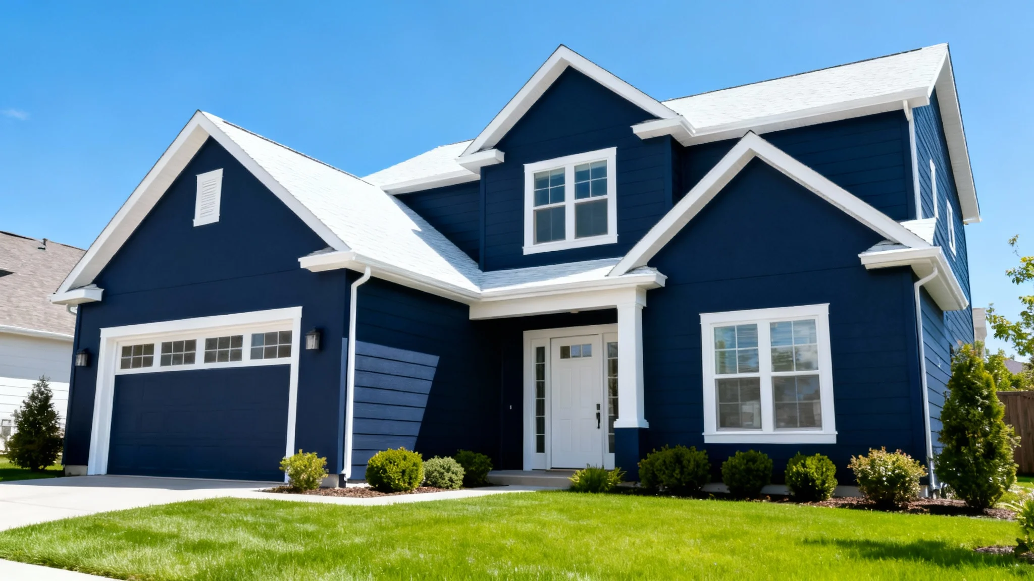 A beautiful modern home with a fresh coat of navy blue exterior paint and crisp white trim, sitting under a sunny blue sky, presented as a product mockup.