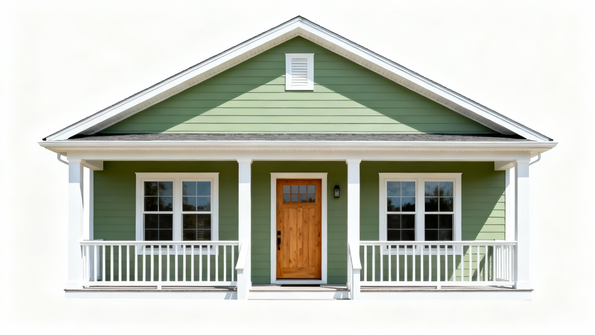 A modern suburban house with a fresh coat of sage green exterior paint and crisp white trim, shown against a plain white background.