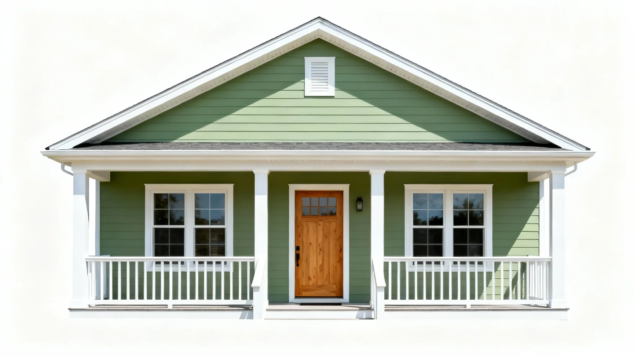 A modern suburban house with a fresh coat of sage green exterior paint and crisp white trim, shown against a plain white background.