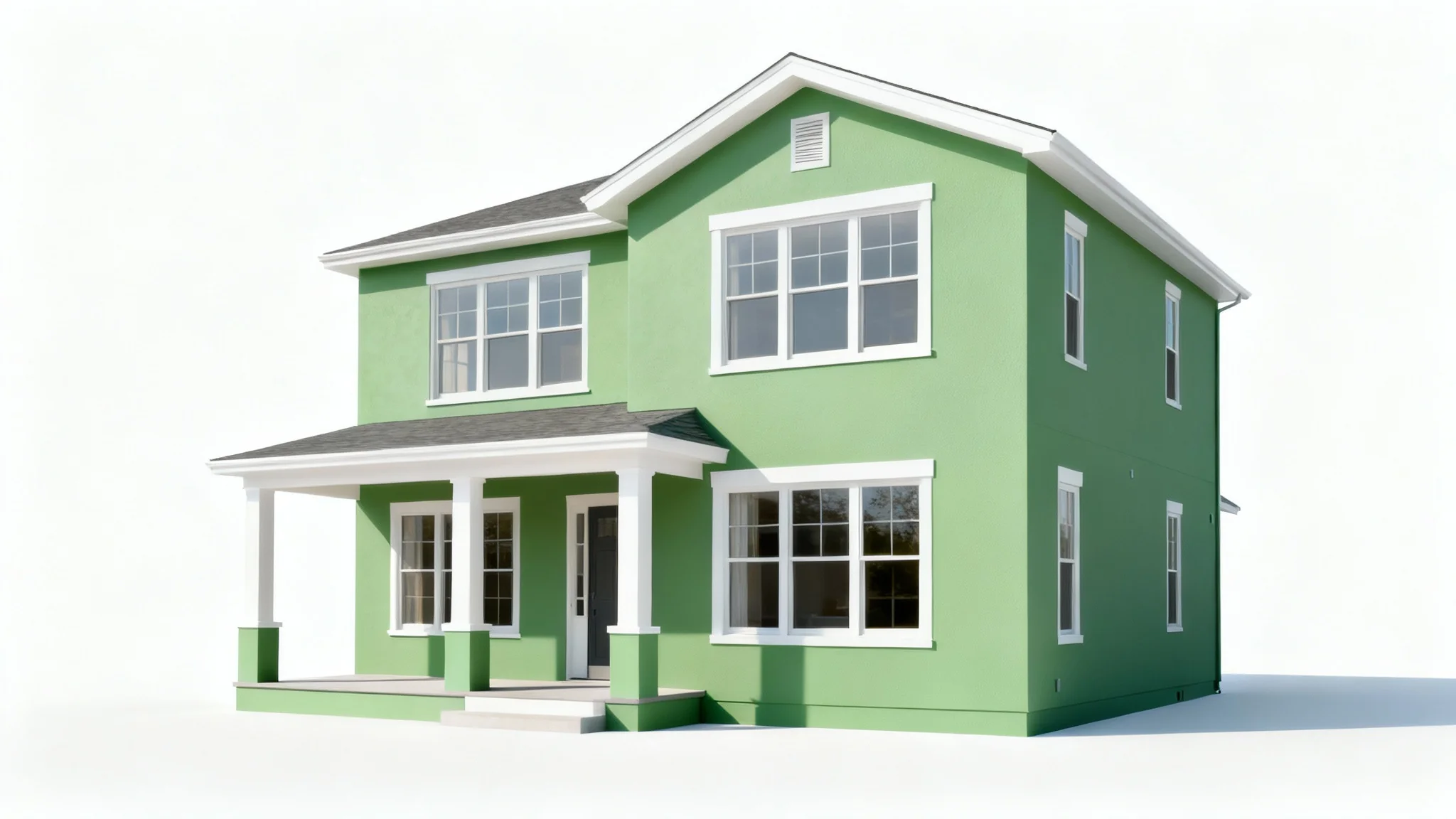 A photorealistic mockup of a modern two-story home with a fresh coat of sage green exterior paint and white trim, isolated against a solid white background.