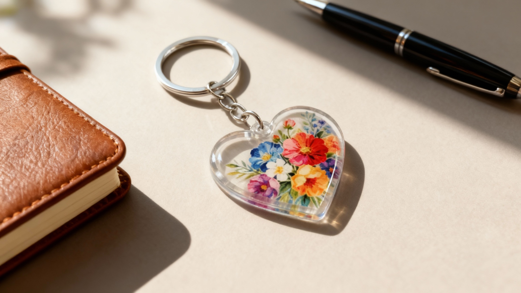 A professional mockup image showing a heart-shaped acrylic keychain with a floral print, placed in a stylish flat lay scene next to a notebook for a realistic product presentation.