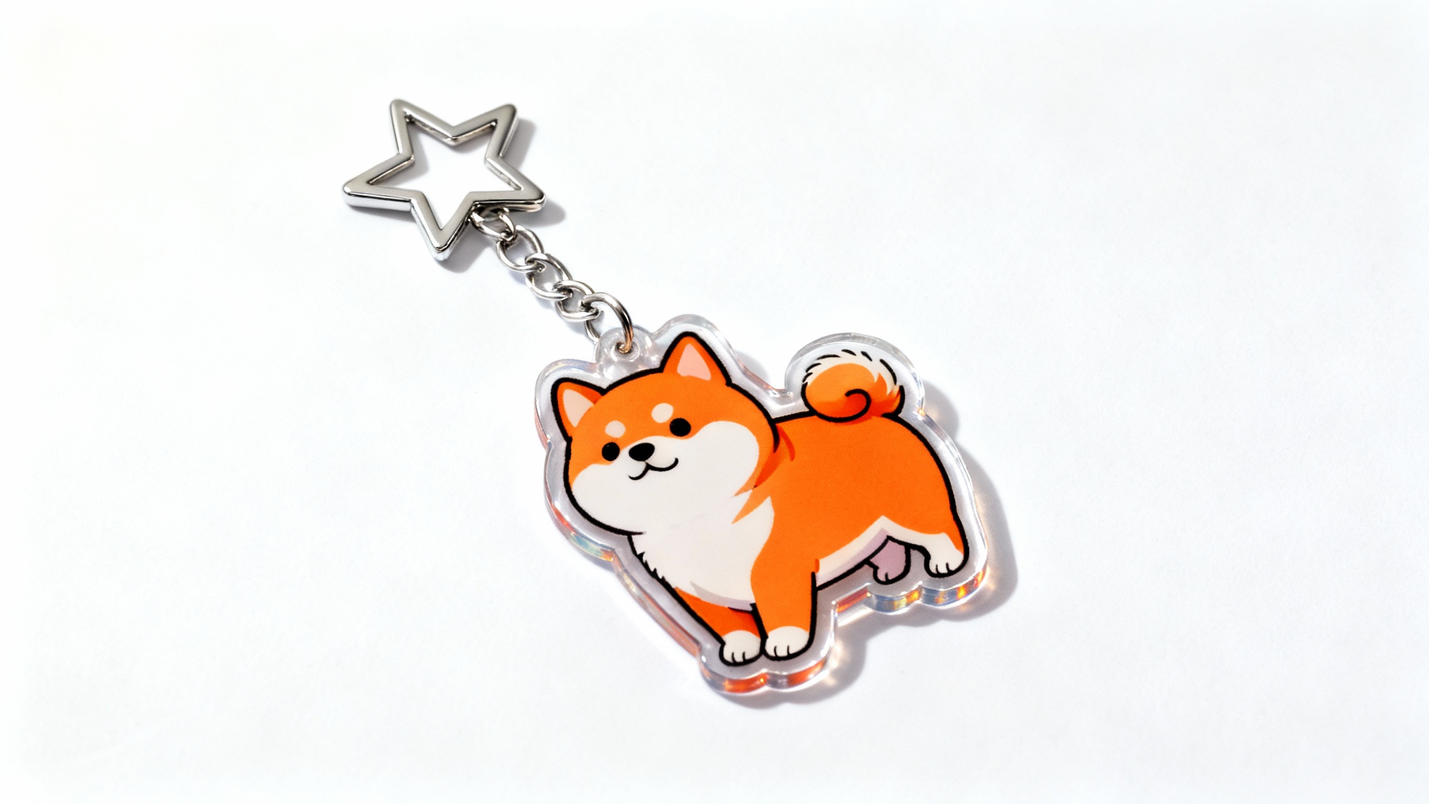 A photorealistic mockup of a custom acrylic keychain designed as a cute cartoon shiba inu, attached to a star-shaped clasp, lying on a clean white background.