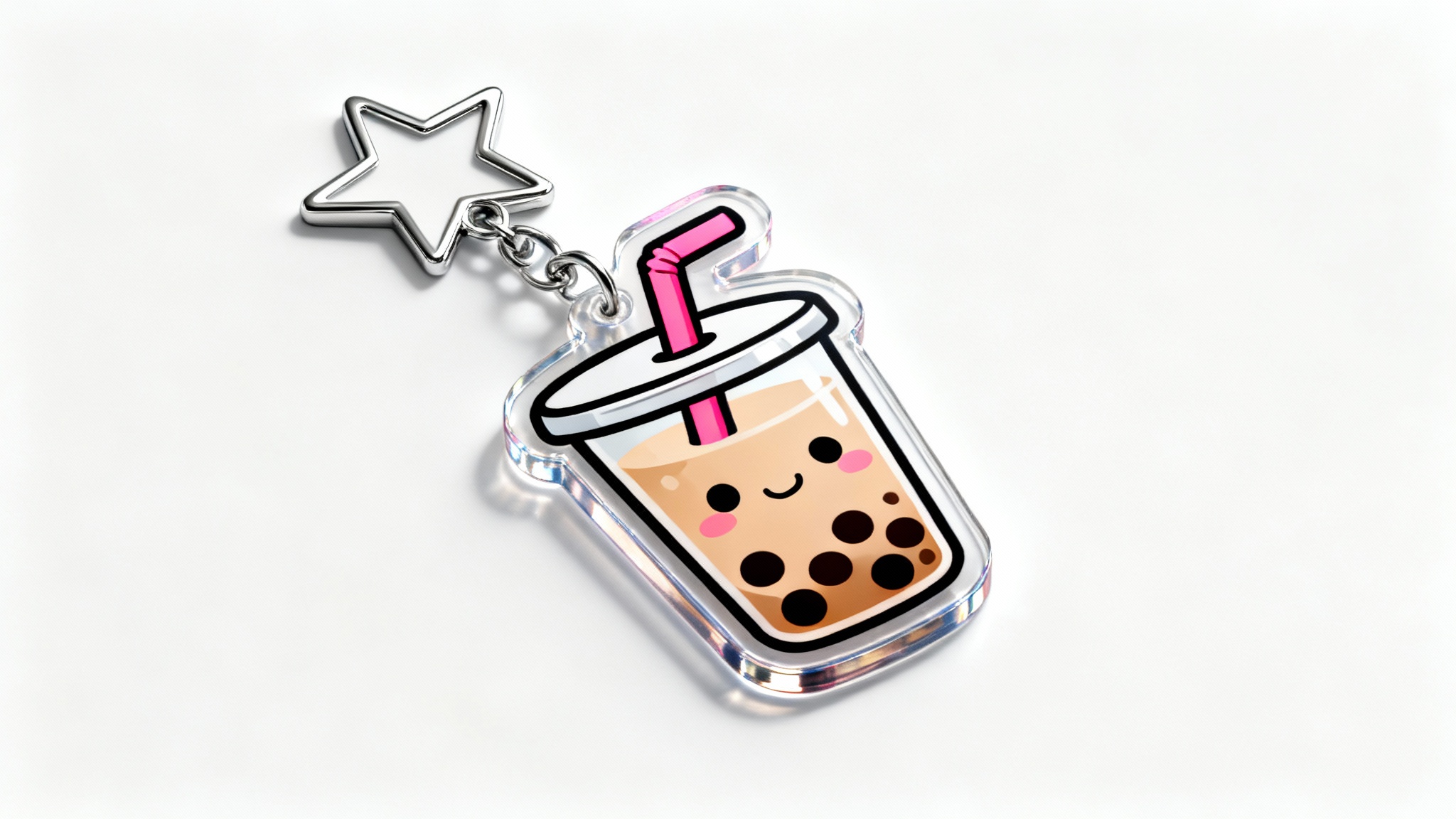 A close-up product photo of a custom acrylic keychain featuring a cute, smiling boba tea character, attached to a silver star-shaped clasp and set against a clean white background.