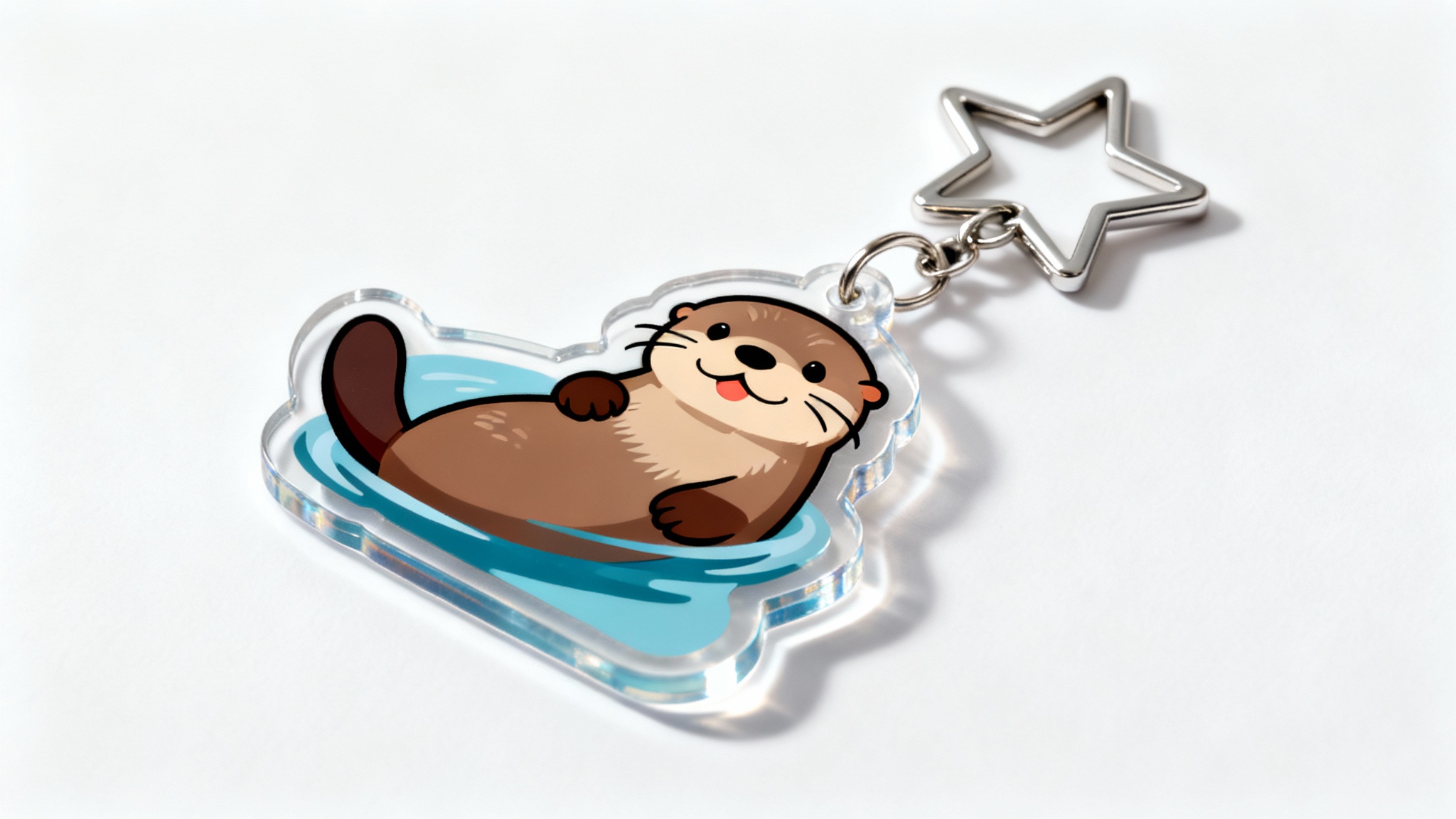 A photorealistic mockup of a clear acrylic keychain shaped like a cute cartoon otter, complete with a metal clasp, shown on a plain white background.