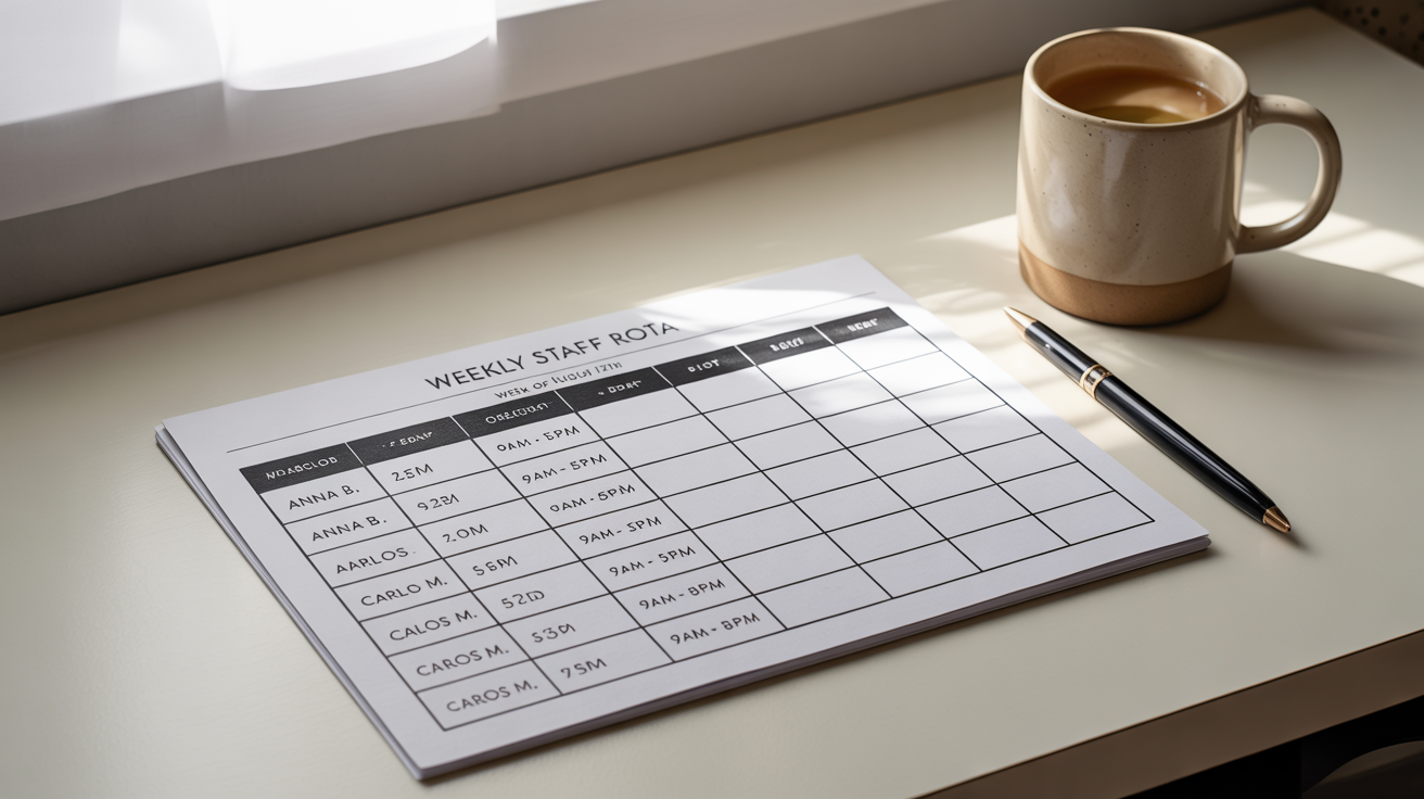 A polished and professional weekly work schedule for a cafe, displayed on a clean desk. The schedule shows employee names and their shifts for each day of the week.