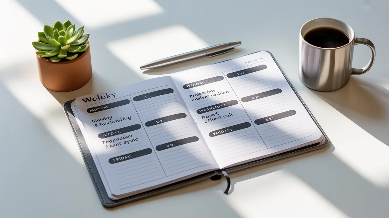 An overhead view of a work schedule planner on a white desk, with entries for meetings and deadlines, next to a coffee mug, a pen, and a small plant, symbolizing an organized work week.