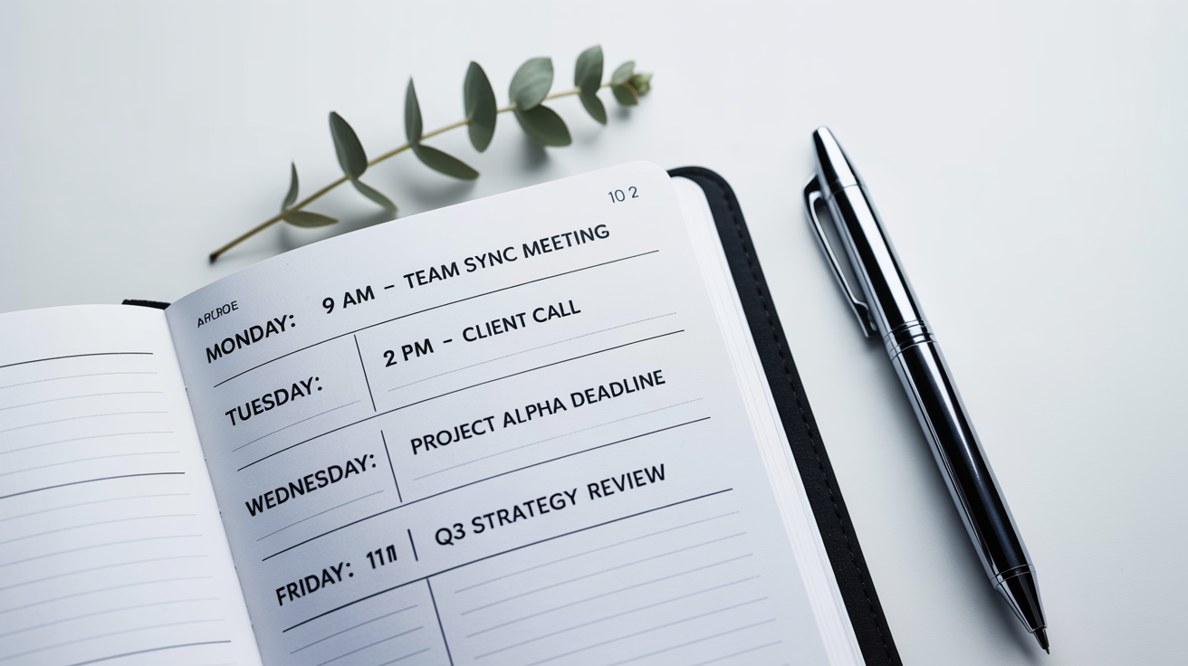 A top-down view of a modern, printed weekly work schedule with various appointments filled in. A sleek pen lies next to the schedule on a clean white surface, conveying organization and planning.