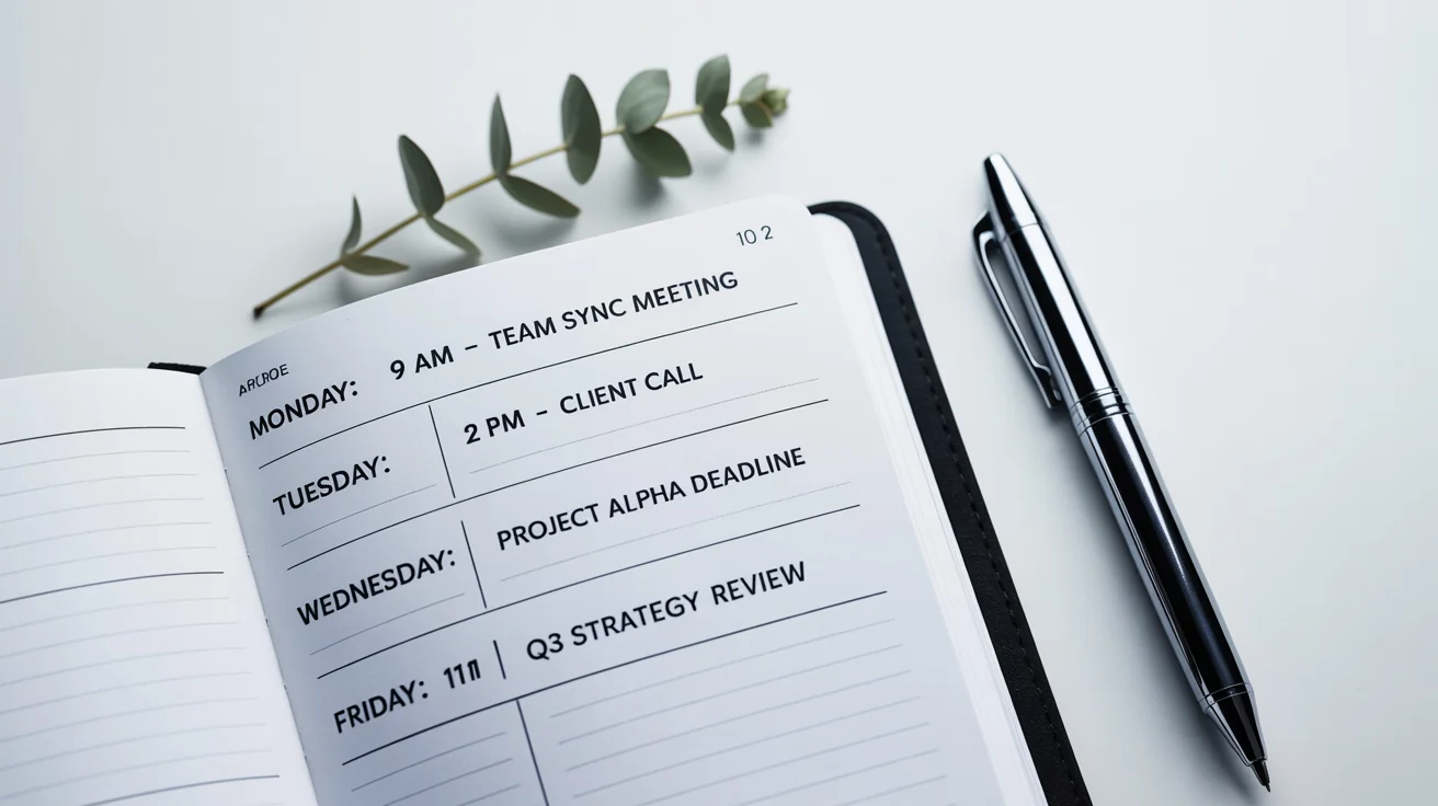 A top-down view of a modern, printed weekly work schedule with various appointments filled in. A sleek pen lies next to the schedule on a clean white surface, conveying organization and planning.