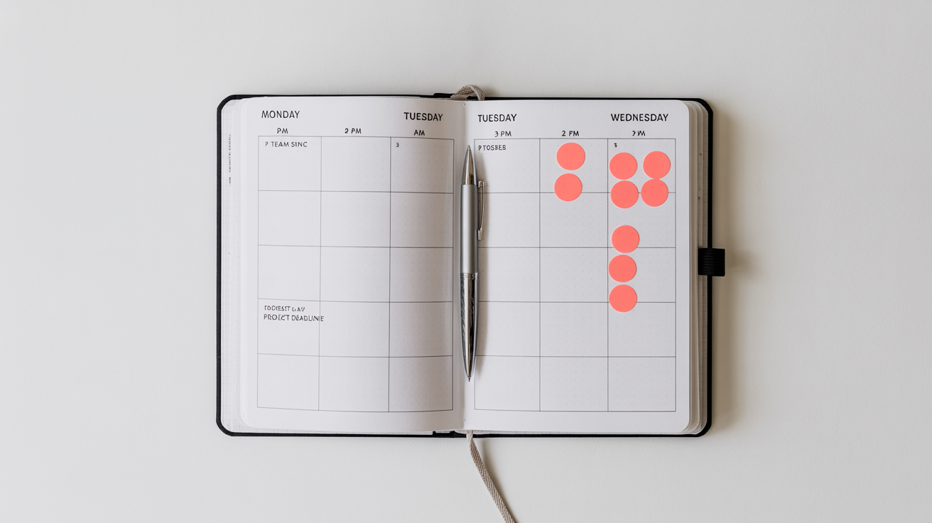 A flat lay image of an open weekly work schedule planner on a white background, with neatly written appointments and tasks, portraying a sense of organization and productivity.