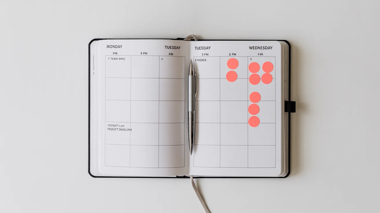 A flat lay image of an open weekly work schedule planner on a white background, with neatly written appointments and tasks, portraying a sense of organization and productivity.