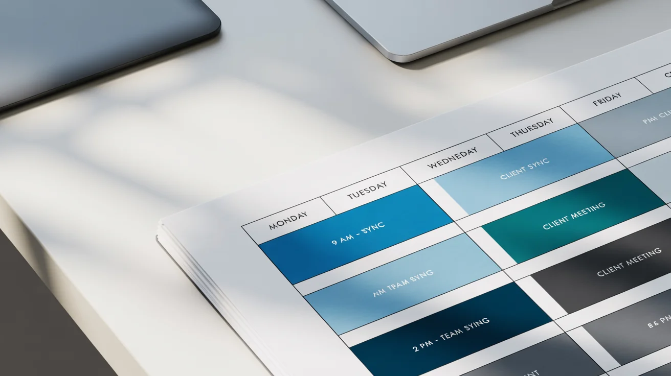 A modern weekly work schedule template with color-coded appointment blocks for Monday through Friday, displayed on a clean white background.