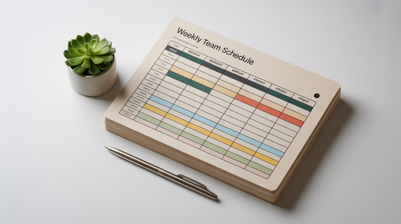 A modern, printed weekly work schedule laid flat on a white surface, with color-coded tasks and labels for the days of the week. A silver pen and a small potted plant are placed next to it.