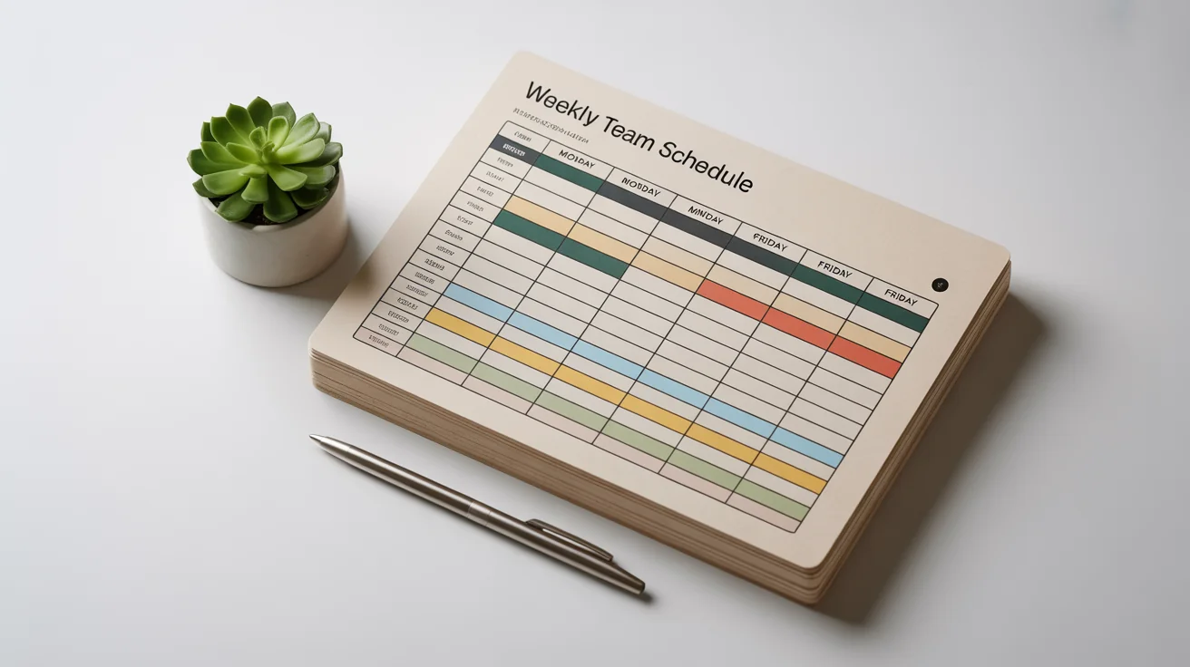 A modern, printed weekly work schedule laid flat on a white surface, with color-coded tasks and labels for the days of the week. A silver pen and a small potted plant are placed next to it.