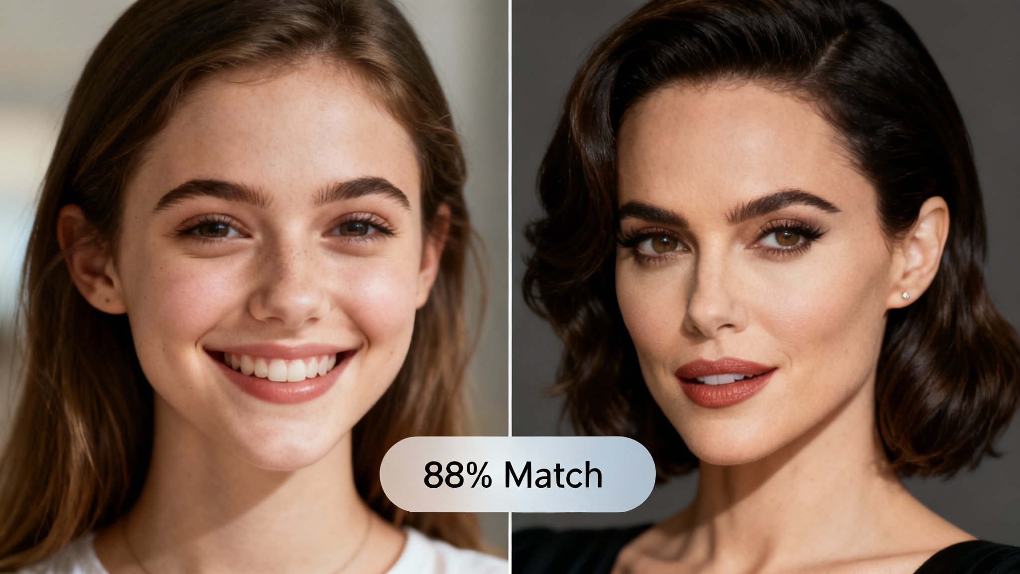 A split-screen comparison showing a photorealistic image of an everyday woman on the left and a famous celebrity she looks like on the right, with an 88% match score displayed in the center, demonstrating a celebrity lookalike feature.