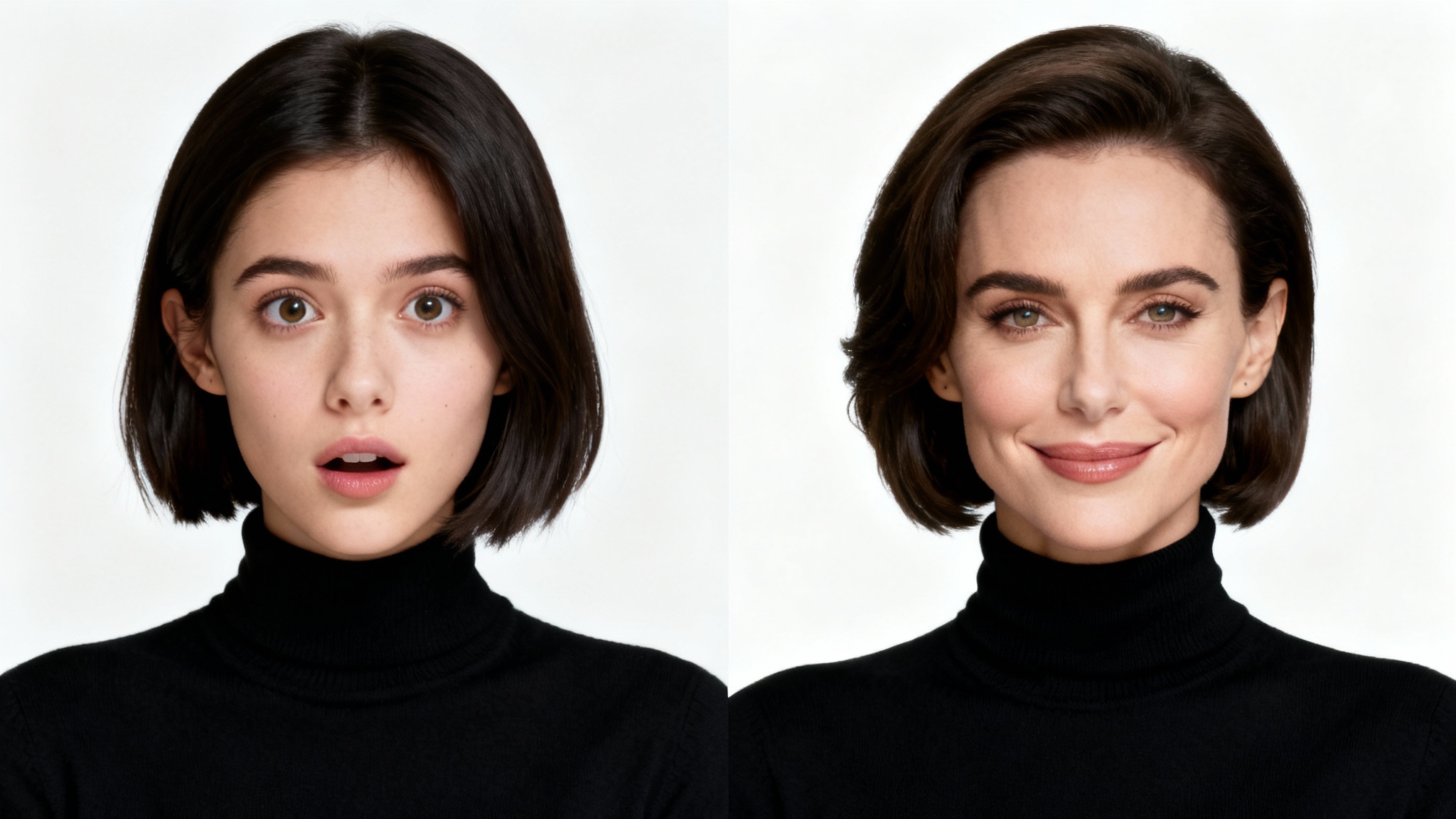 A split-screen image showing a regular woman on the left and a celebrity who looks strikingly similar to her on the right, demonstrating a celebrity lookalike comparison.