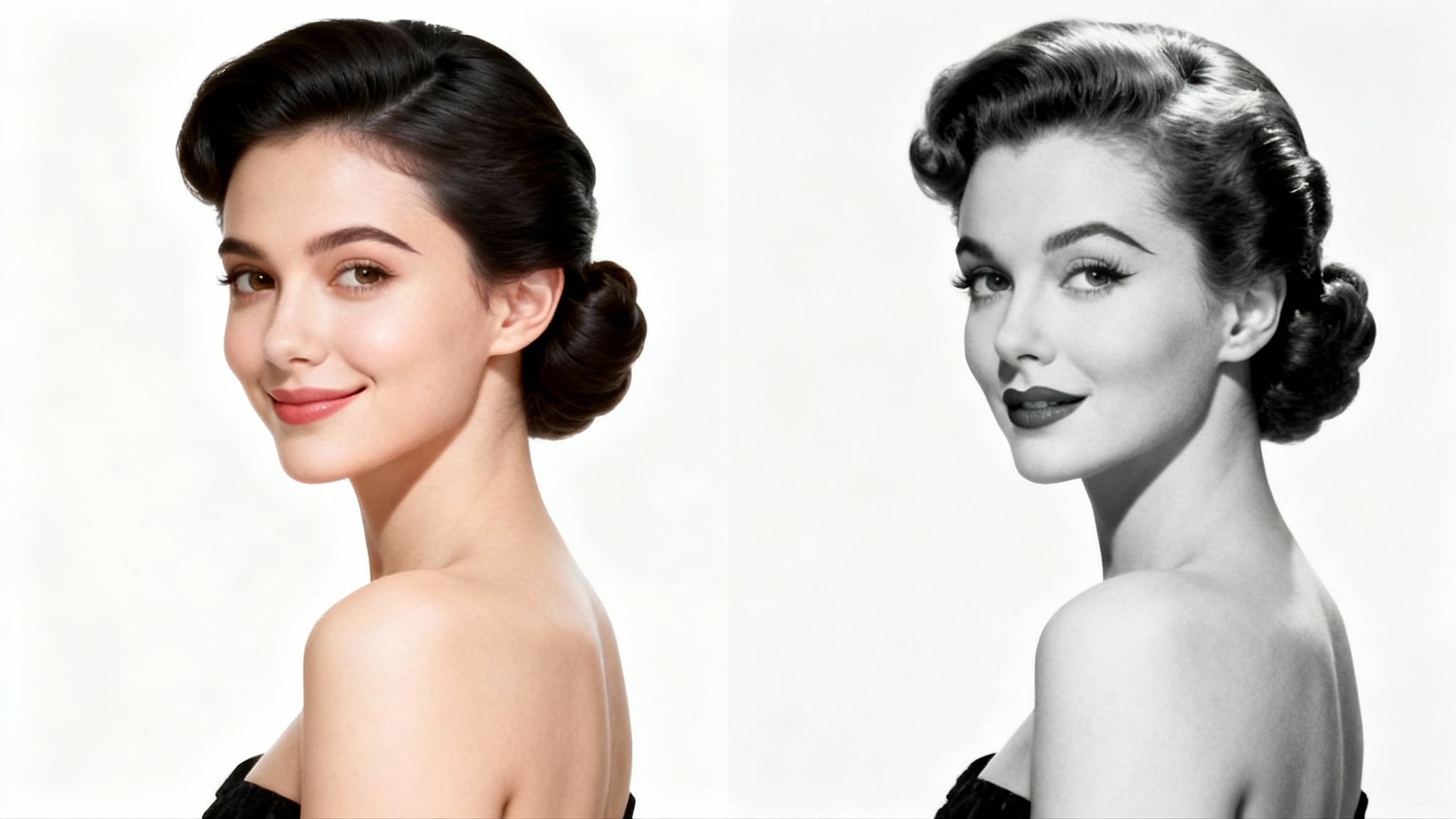 A split-screen image showing a modern woman on one side and a classic celebrity she resembles on the other, illustrating the celebrity lookalike concept.