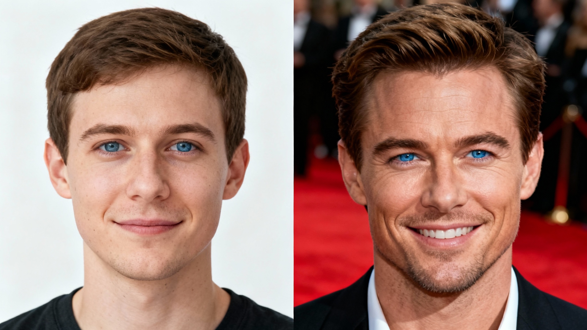 A split-image comparison showing an everyday man on the left and a famous celebrity who is his identical lookalike on the right, illustrating the concept of a celebrity doppelganger.