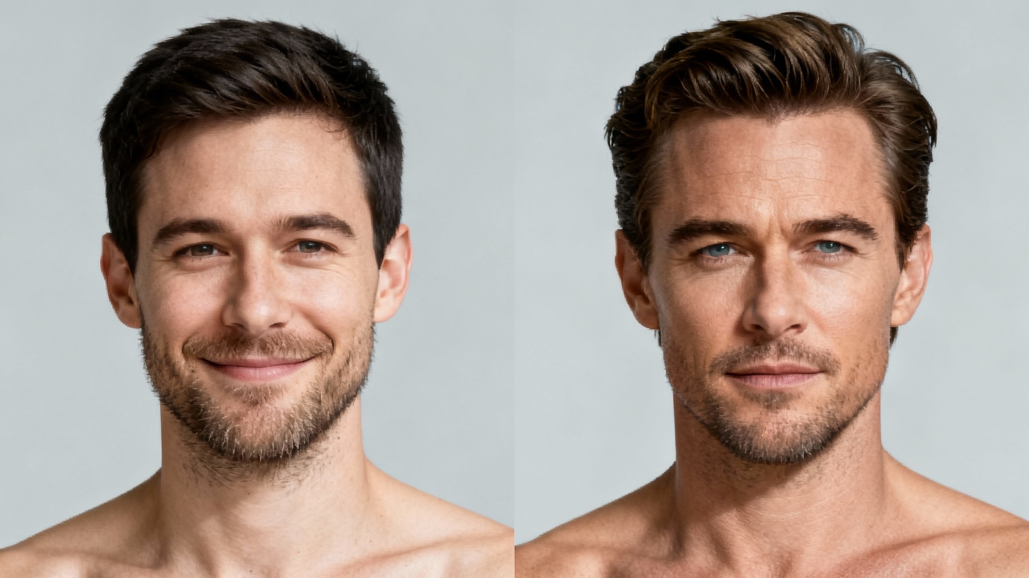A split-screen comparison image showing a regular man on the left and a celebrity lookalike on the right, highlighting their strong facial resemblance against a plain background.