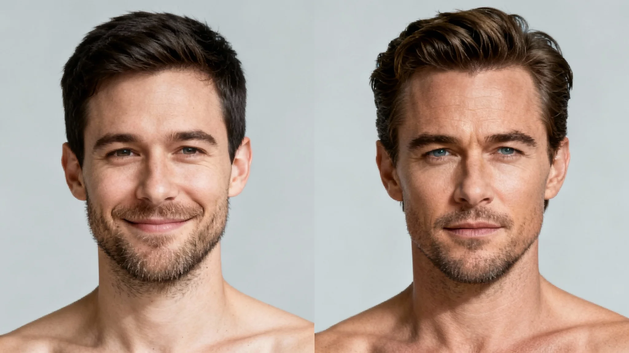 A split-screen comparison image showing a regular man on the left and a celebrity lookalike on the right, highlighting their strong facial resemblance against a plain background.