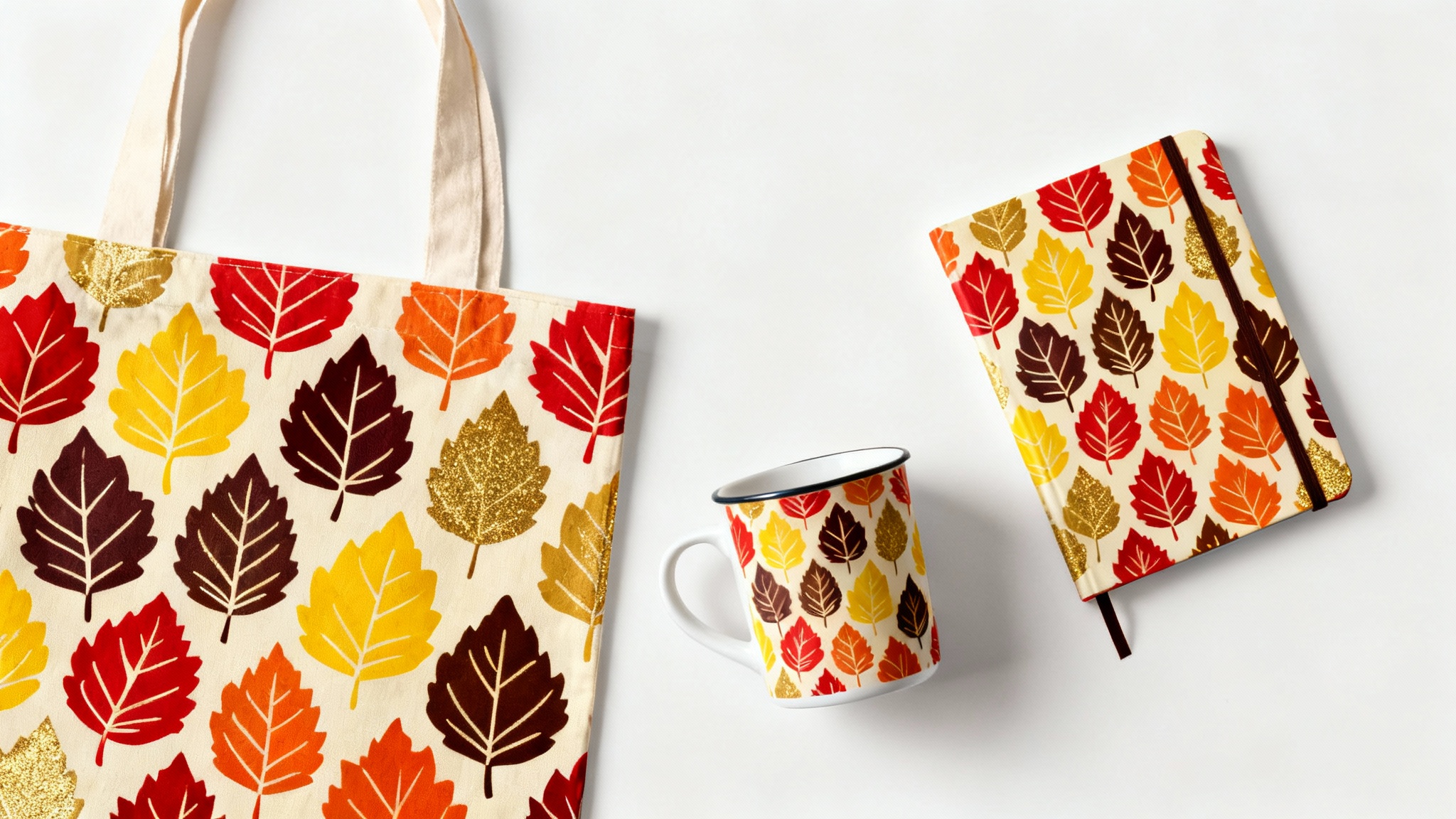 A top-down photo of a product mockup featuring a tote bag, coffee mug, and journal, all decorated with a beautiful repeating pattern of stylized fall leaves in red, orange, and yellow.