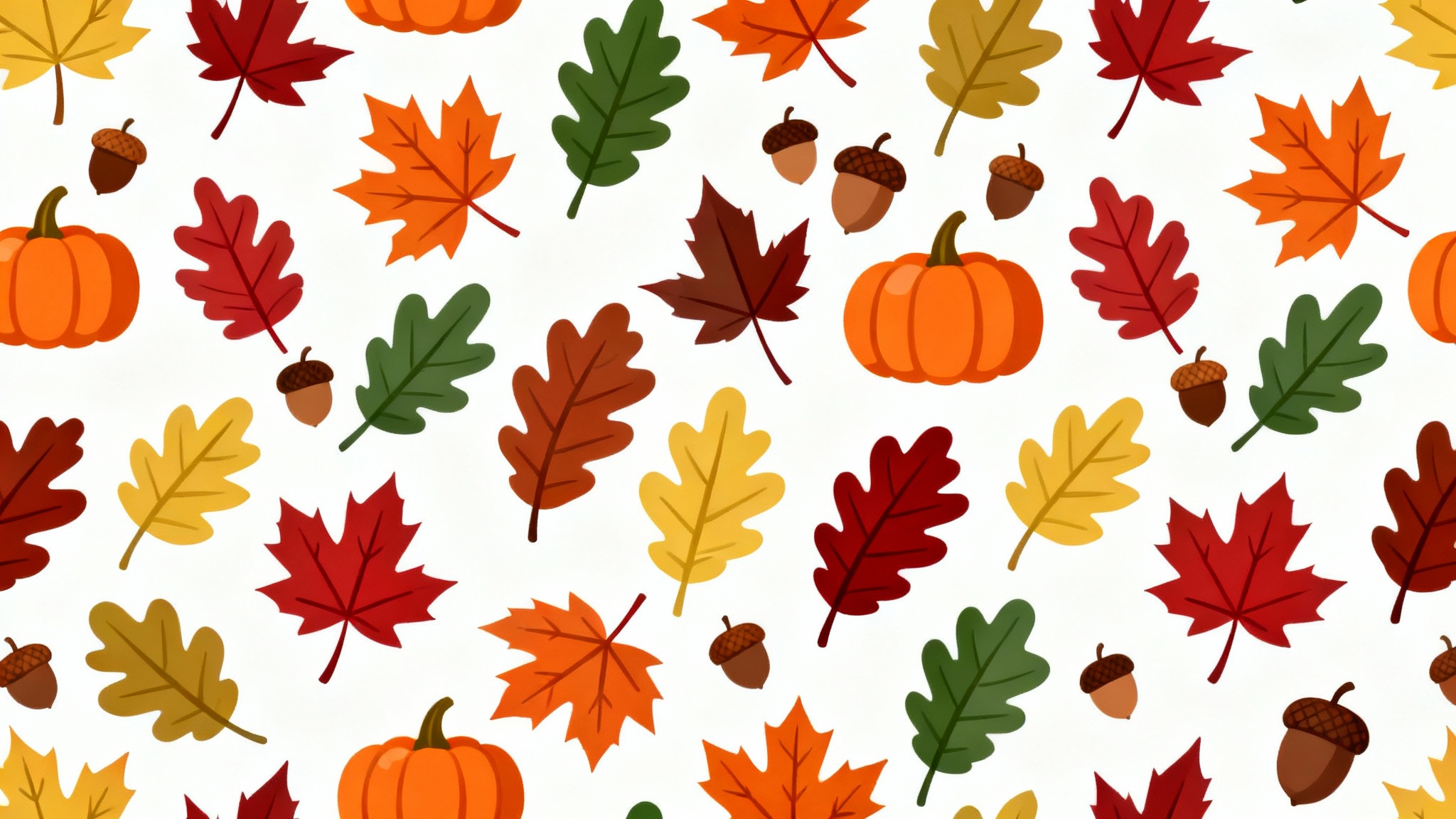 A seamless fall pattern featuring stylized illustrations of orange and red leaves, acorns, and small pumpkins, set against a clean white background.