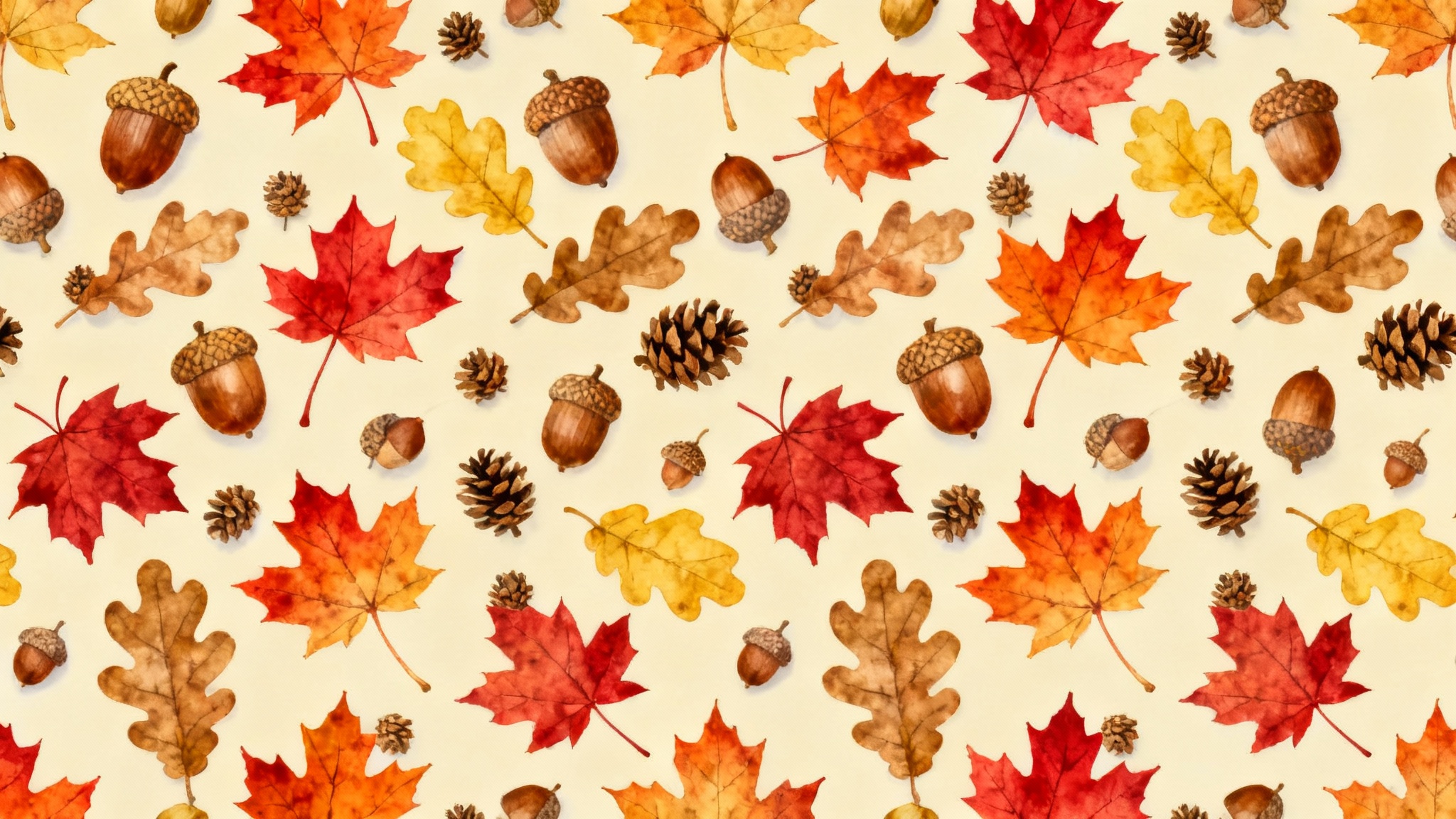 A close-up, flat lay photograph of a seamless fall pattern design featuring illustrated leaves and acorns in warm autumn colors on a cream background, all set against a clean white surface.