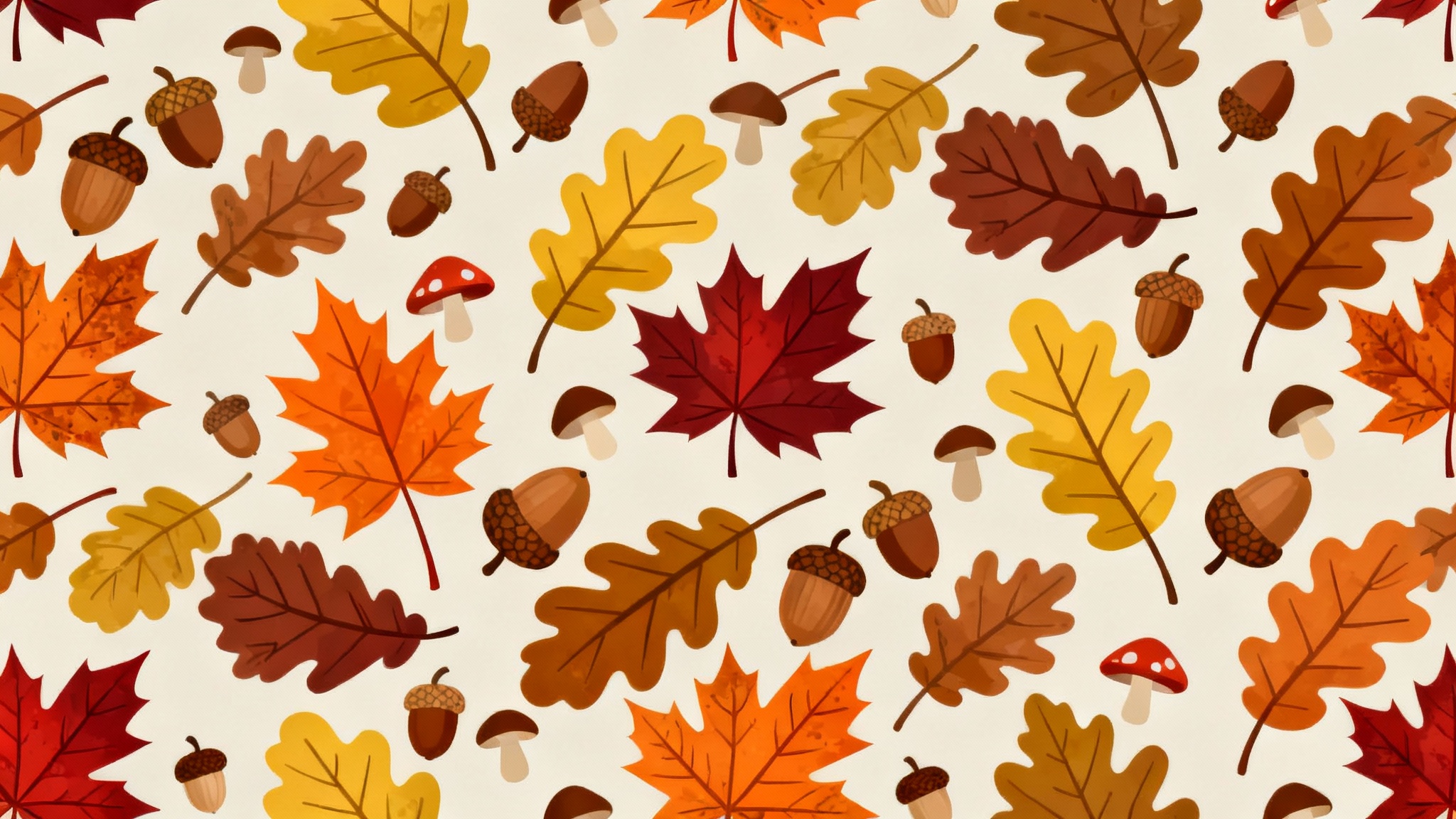 A modern, seamless pattern with stylized orange, red, and brown autumn leaves, acorns, and mushrooms on a light cream background.