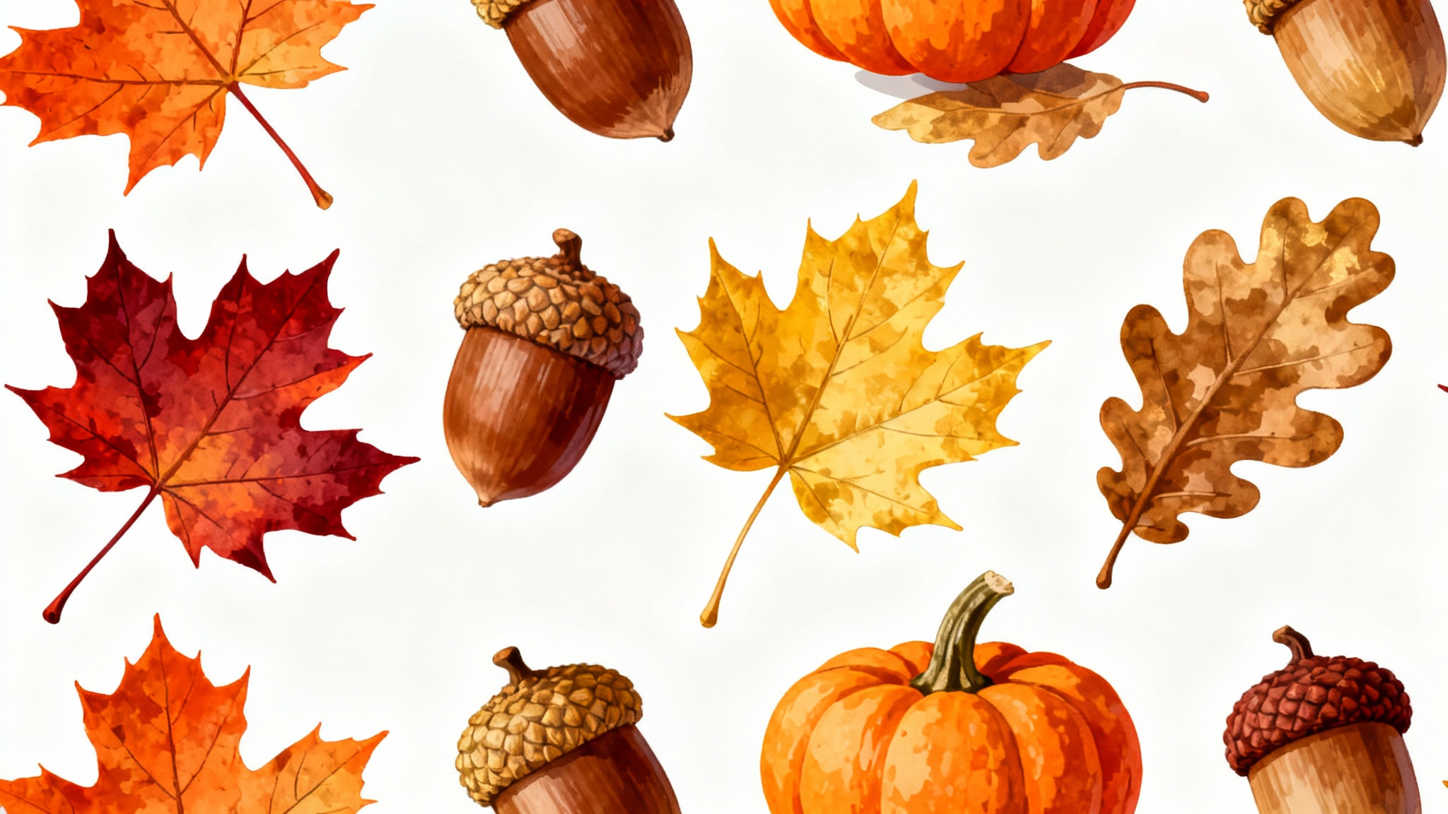 A seamless autumn pattern featuring illustrated leaves, acorns, and pumpkins in warm fall colors, displayed on a flat surface.
