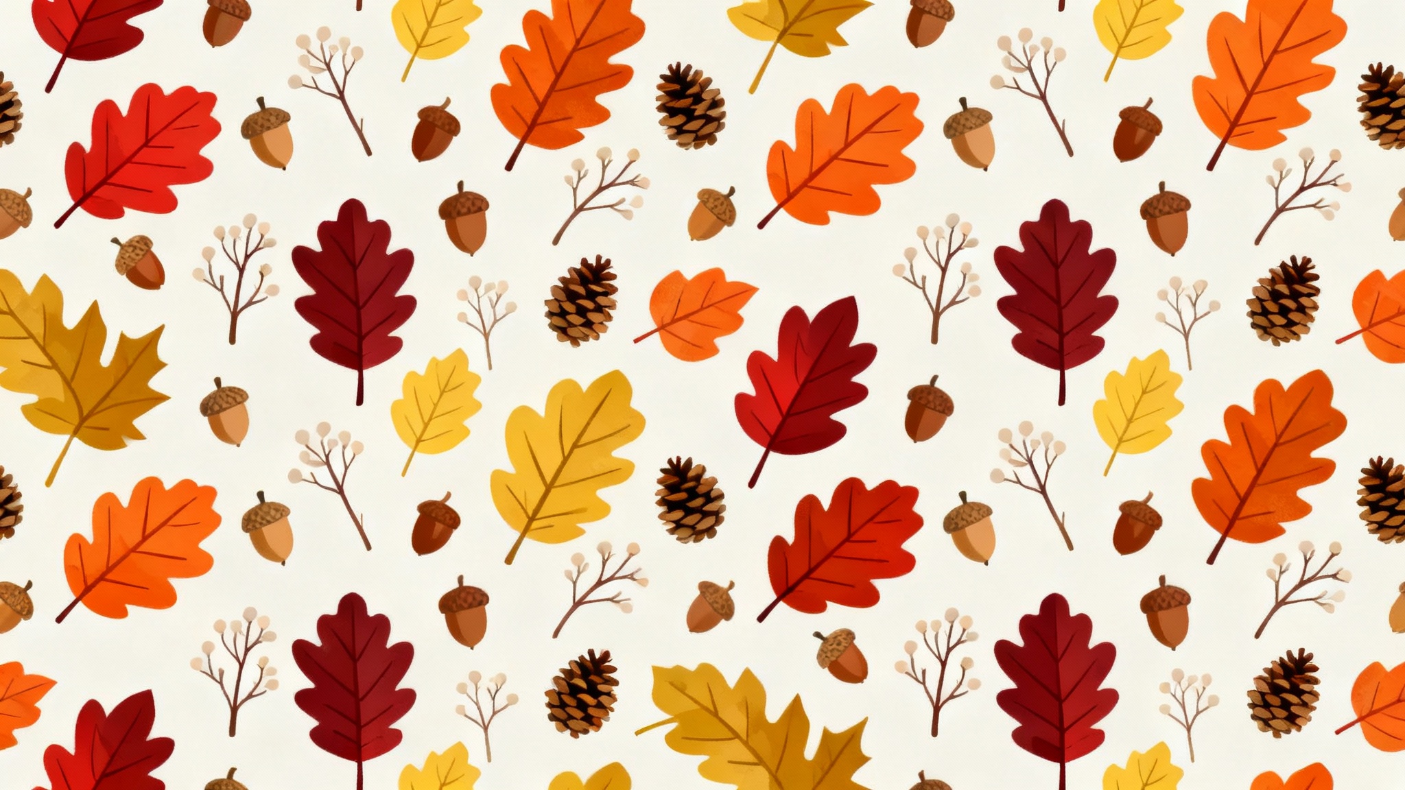 A vibrant, seamless fall pattern featuring colorful autumn leaves, acorns, and pinecones on a white background.