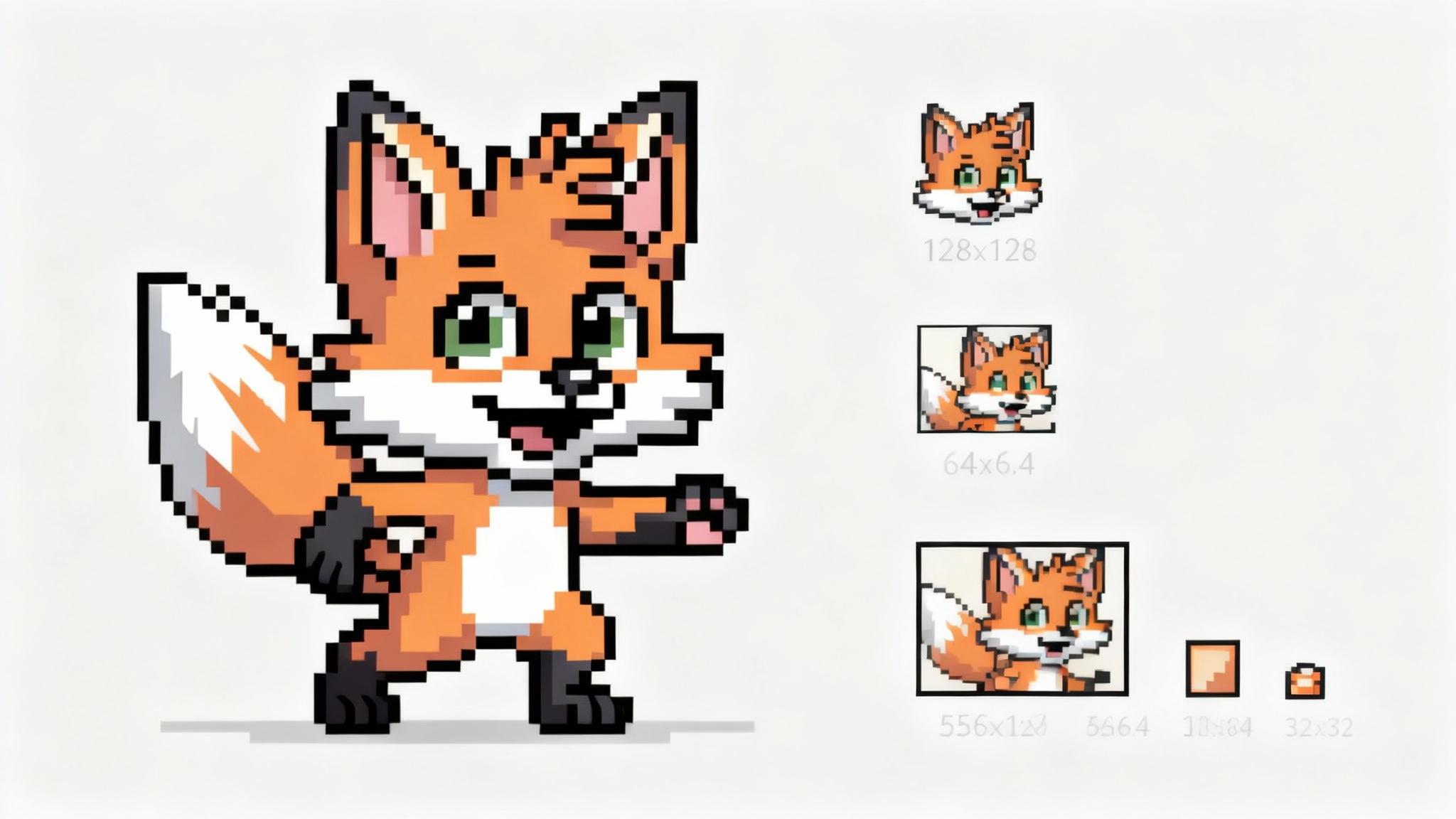 A professionally displayed set of resized pixel art sprites, showing a colorful fantasy character at four different resolutions (256x256, 128x128, 64x64, and 32x32) on a clean background, ready for use in a game.