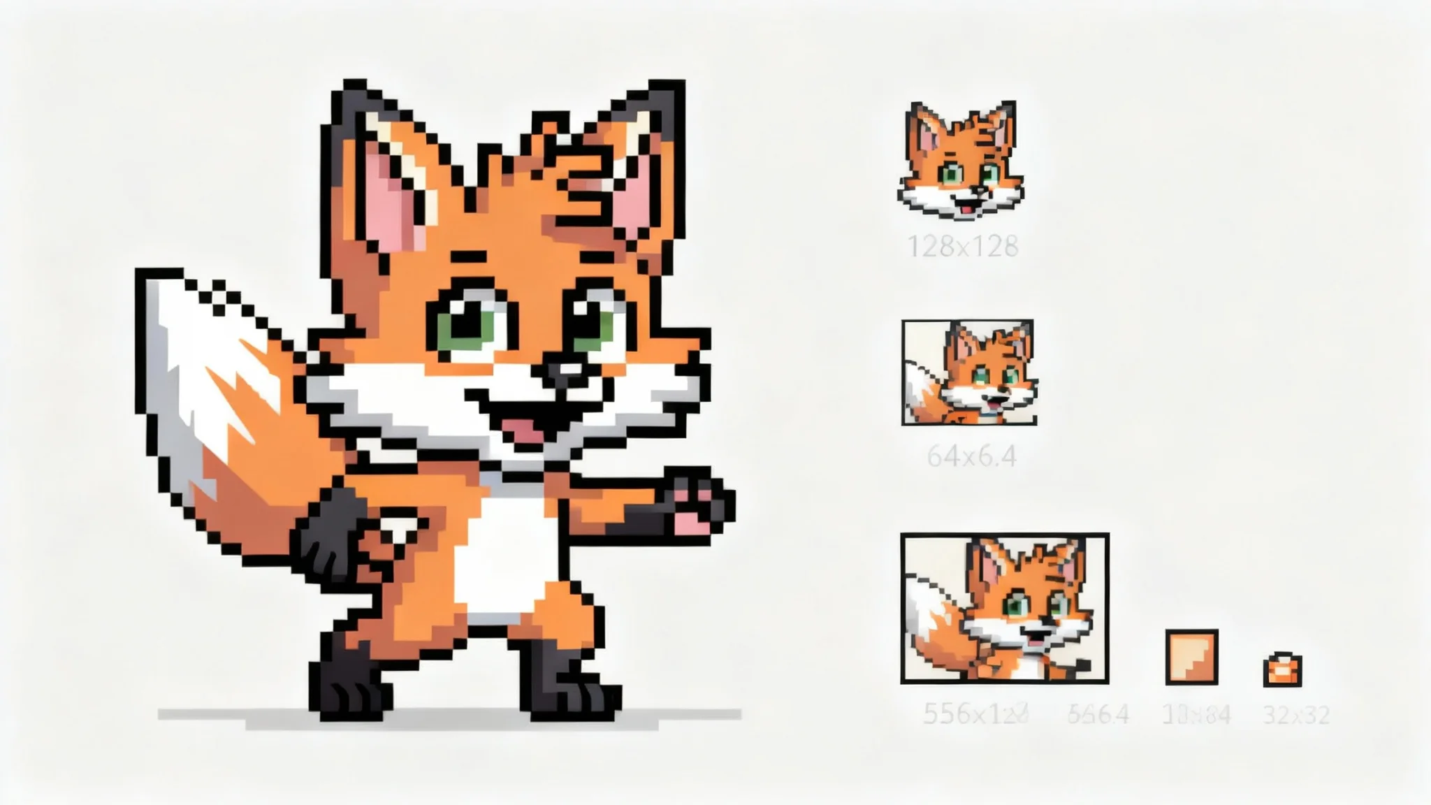 A professionally displayed set of resized pixel art sprites, showing a colorful fantasy character at four different resolutions (256x256, 128x128, 64x64, and 32x32) on a clean background, ready for use in a game.