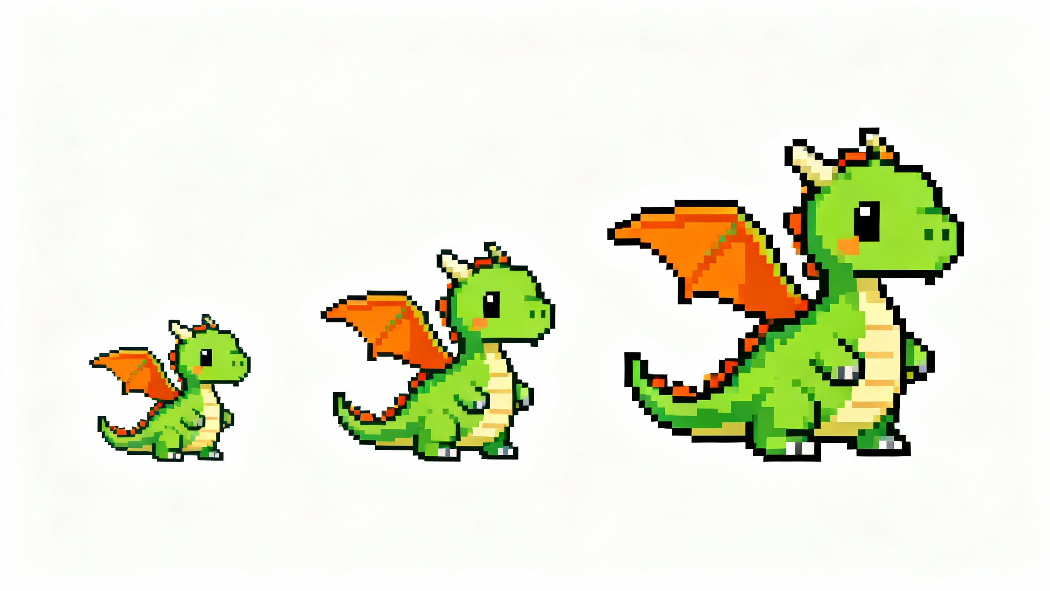 An image illustrating sprite resizing, showing three 16-bit pixel art dragons in a row, progressively increasing in size from left to right on a white background.