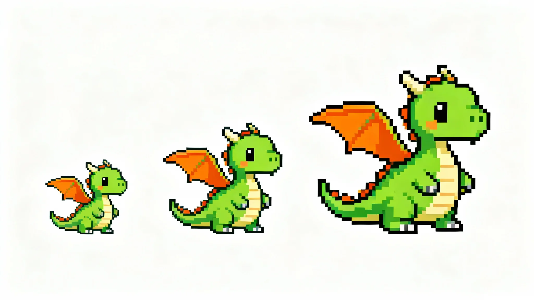 An image illustrating sprite resizing, showing three 16-bit pixel art dragons in a row, progressively increasing in size from left to right on a white background.