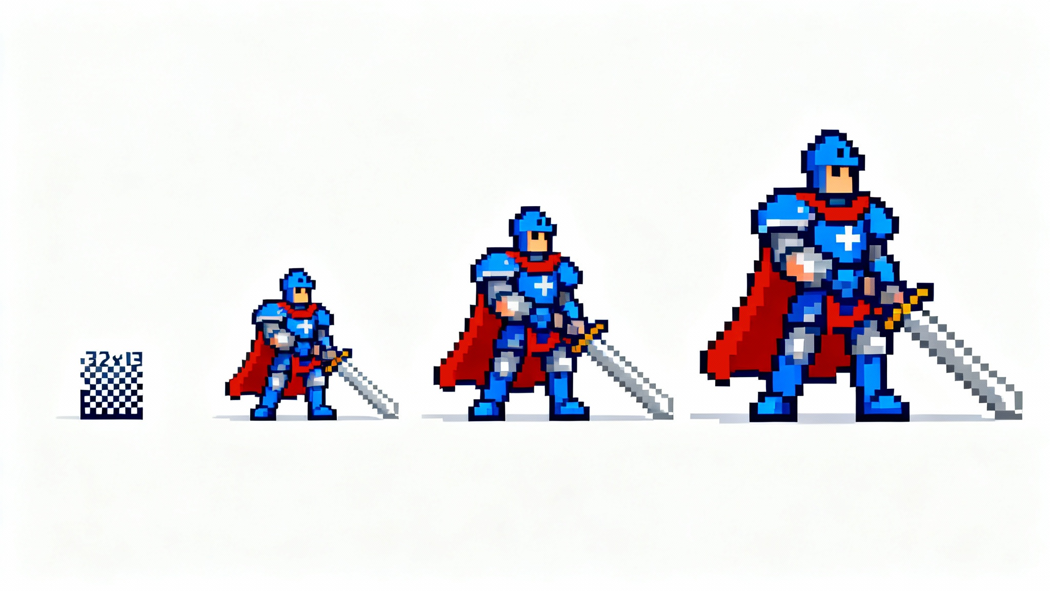 A pixel art knight sprite shown in four different sizes against a white background, demonstrating a resize from small to a large, crisp version.