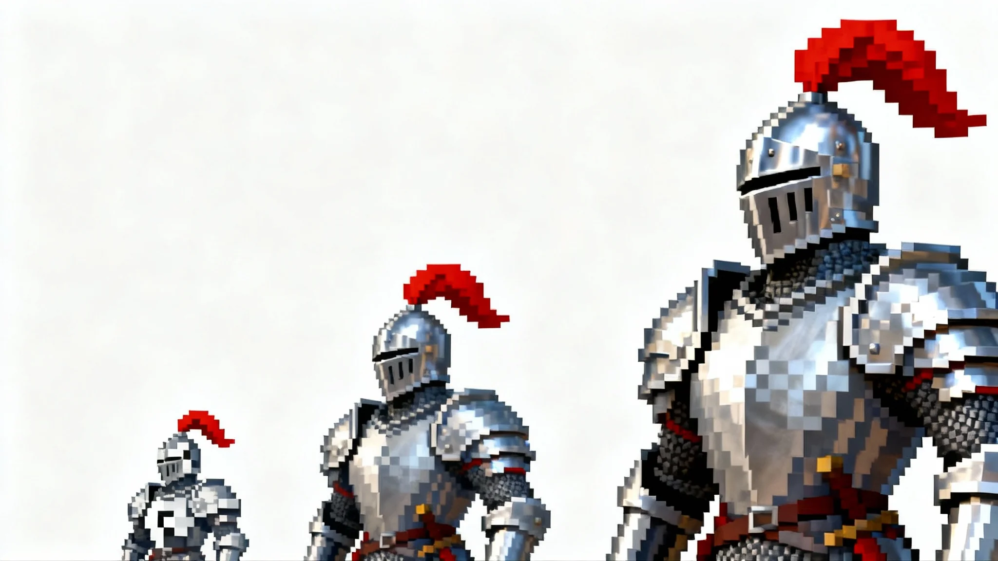 A pixel art knight sprite shown in three sizes, from small and blocky to large and high-definition, demonstrating the concept of resizing sprites.